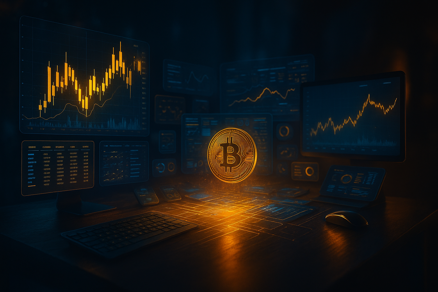 Digital representation of Bitcoin with multiple screens showing financial graphs and data, on a dark desk.