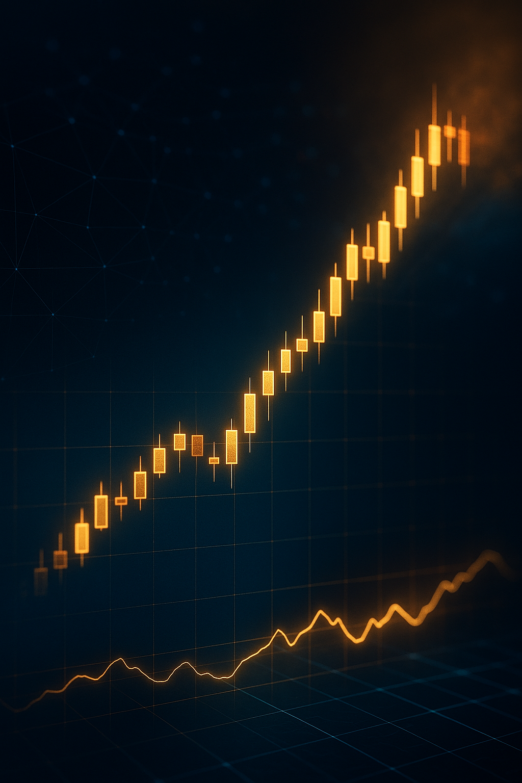 Financial chart showing a rising stock market trend with candlestick graph and line graph on digital background.