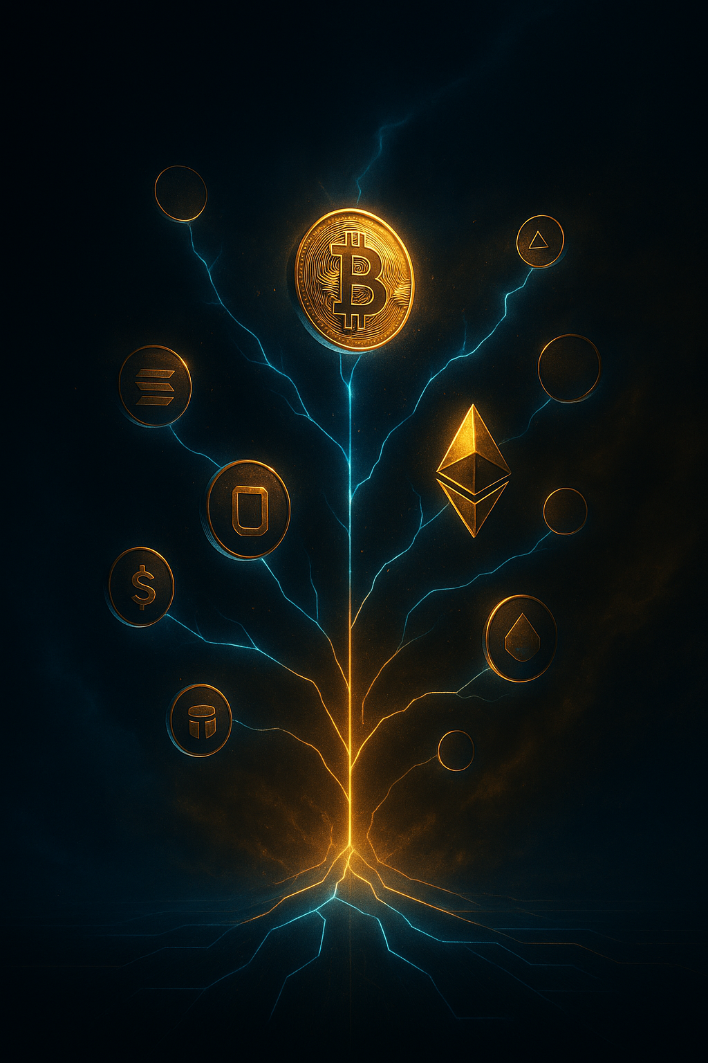 Digital illustration of cryptocurrency symbols with a central Bitcoin coin and connecting lightning-like lines to other crypto icons.