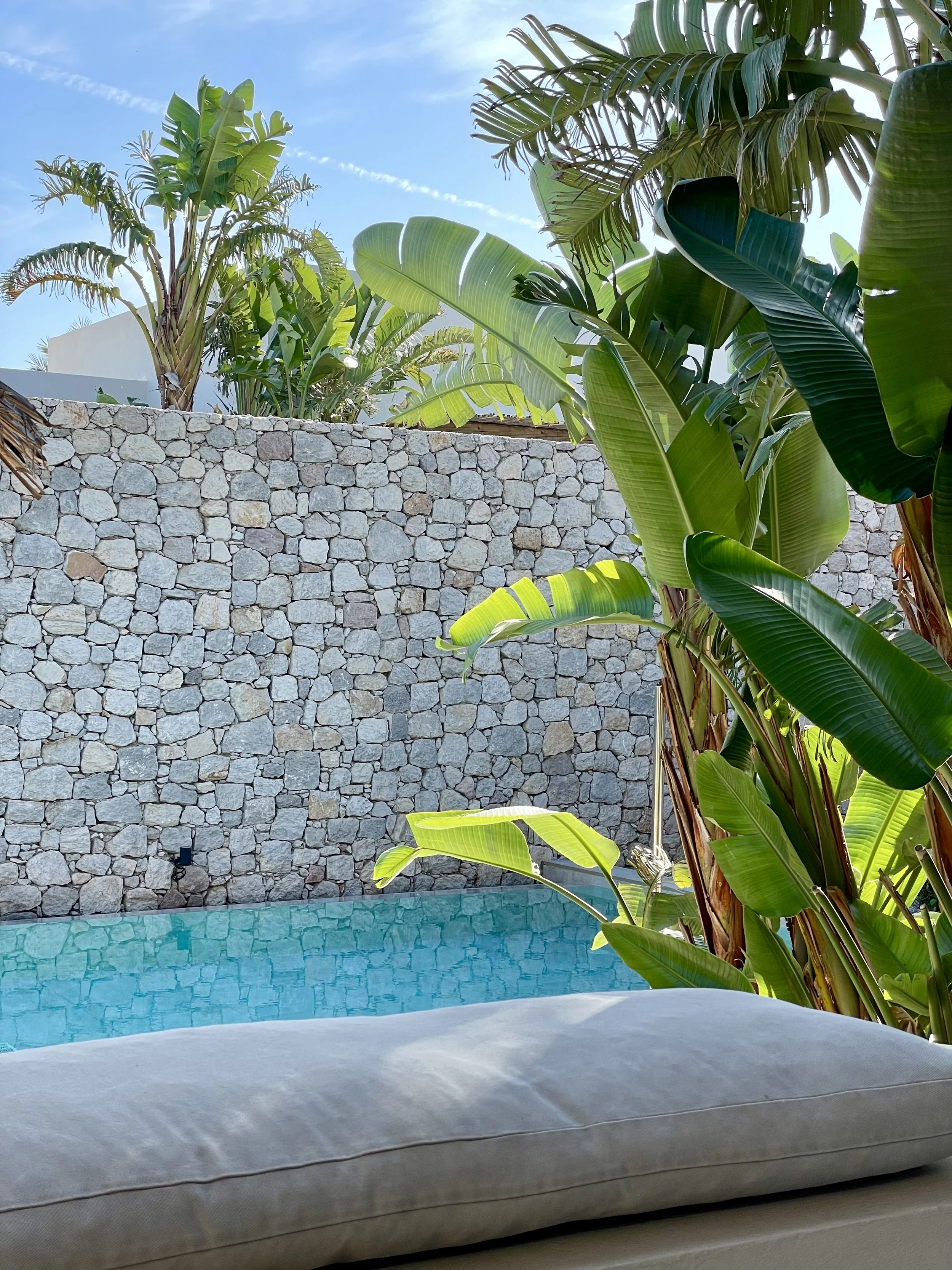 Poolside palms and stone wall in Kos — reflecting clarity, presence, and grounded transformation
