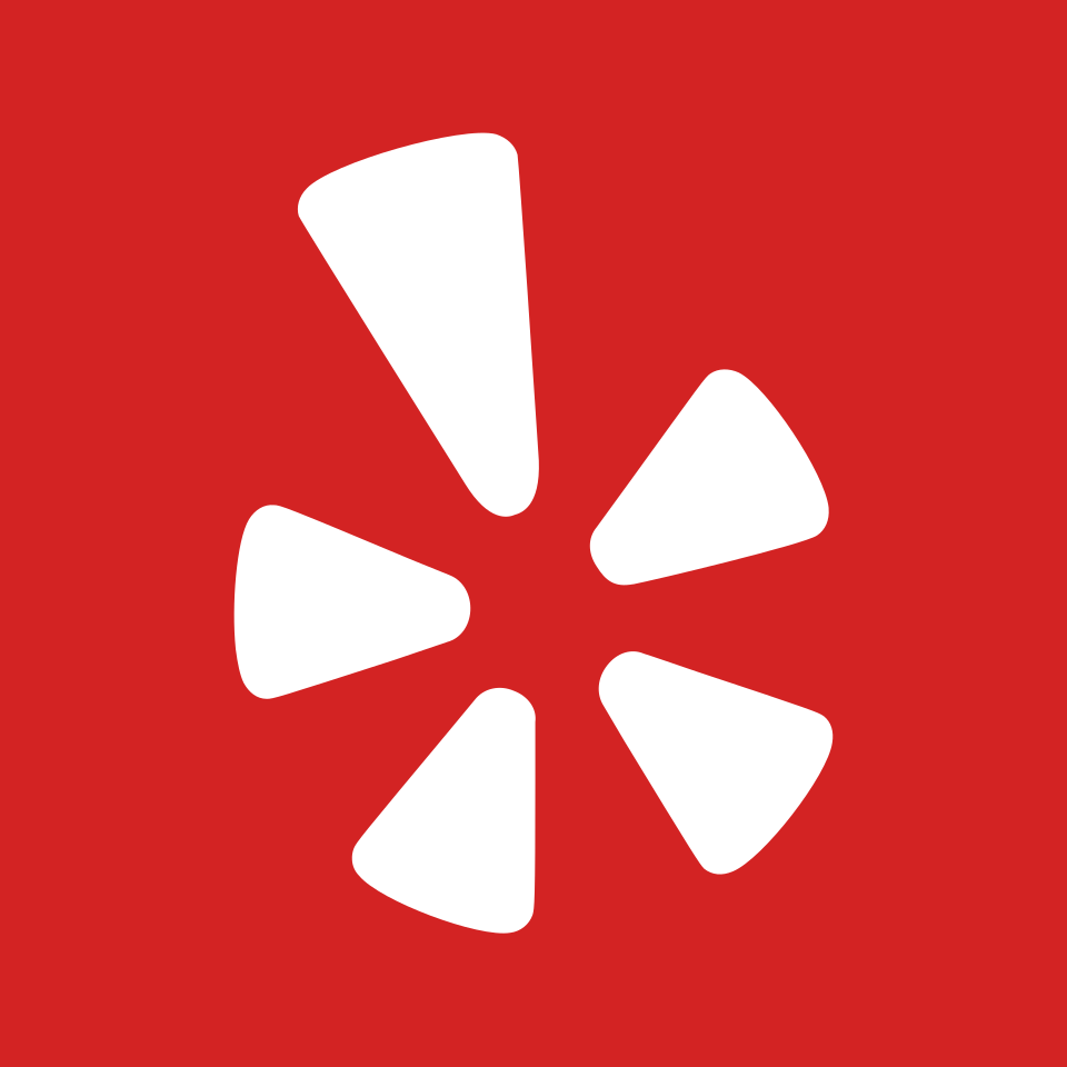 Red background with white stylized asterisk or spark symbol for Yelp.