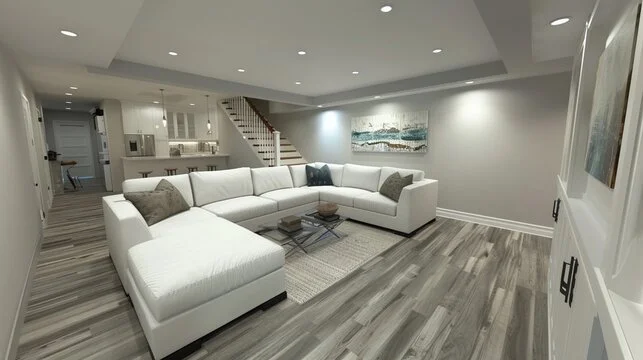 Smith & Kelly Services KC - Kansas City home remodeling - Living room with a large white sectional sofa, pillows, a rug, artwork on the wall, and an open kitchen area in the background.