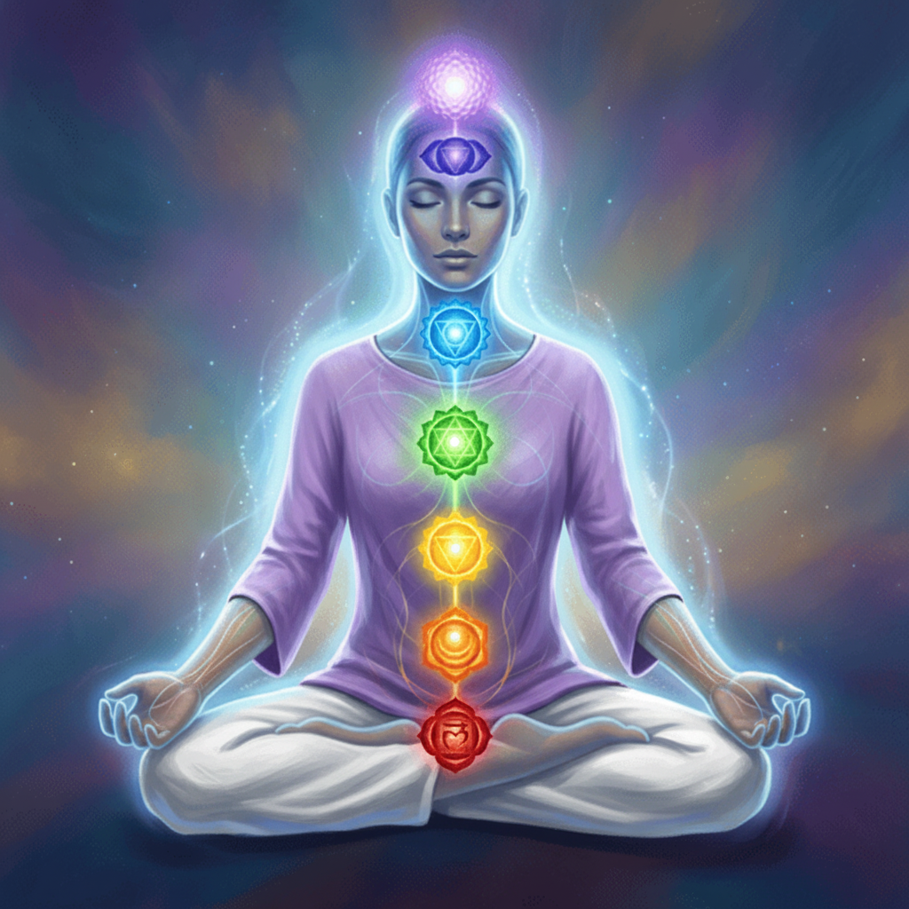 body with glowing energy chakras