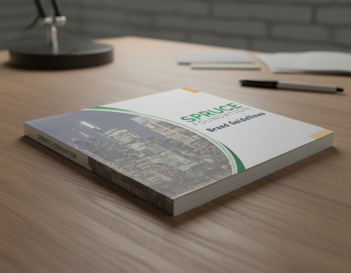 Spruce Brand Guidelines Mockup Book On Desktop