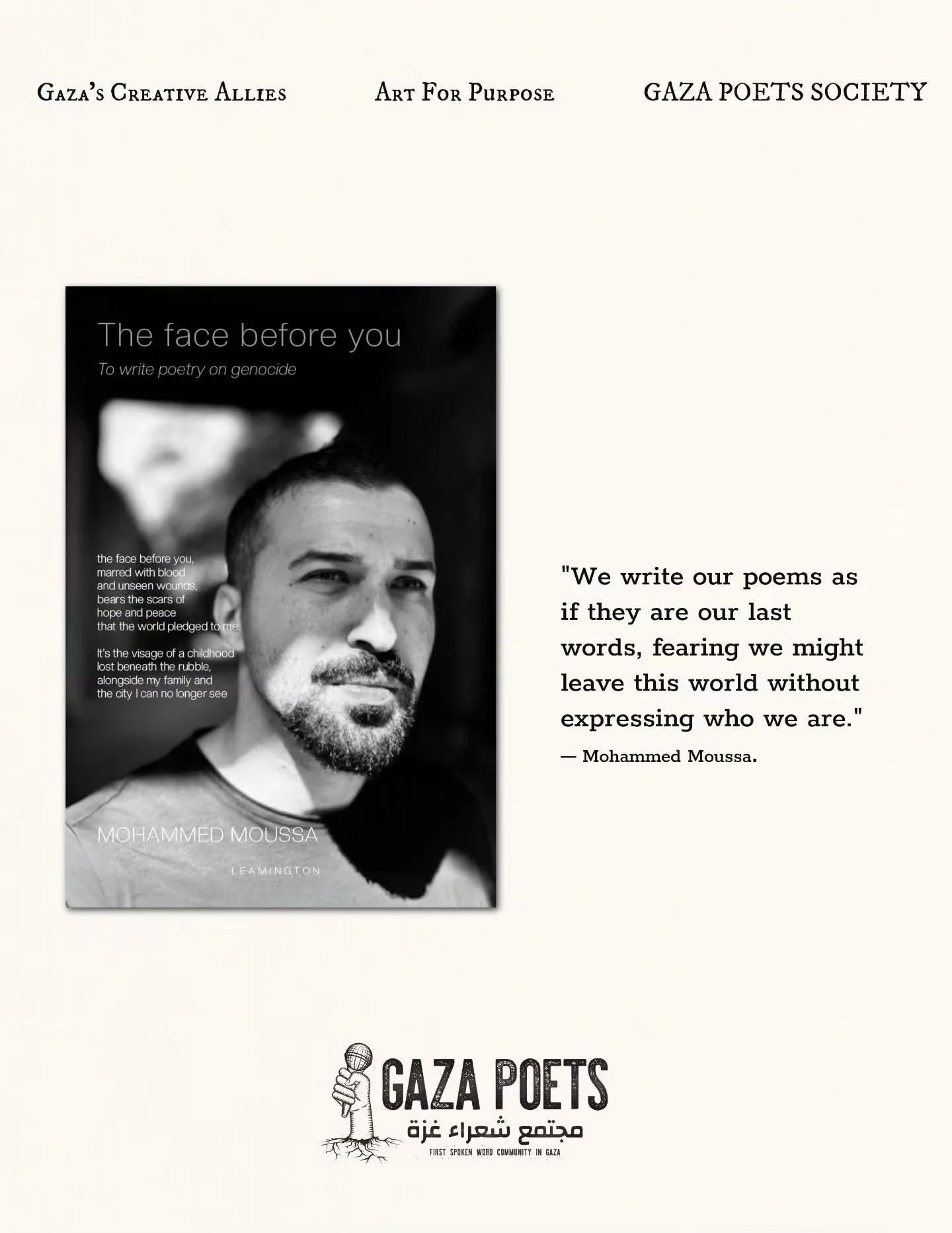 Proud to announce the upcoming release of The Face Before You by @leamingtonbooks 

​🗓️ Coming February 25, 2026.
🔗 Pre-order link in bio.
#TheFaceBeforeYou #GazaPoets #MohammedMoussa