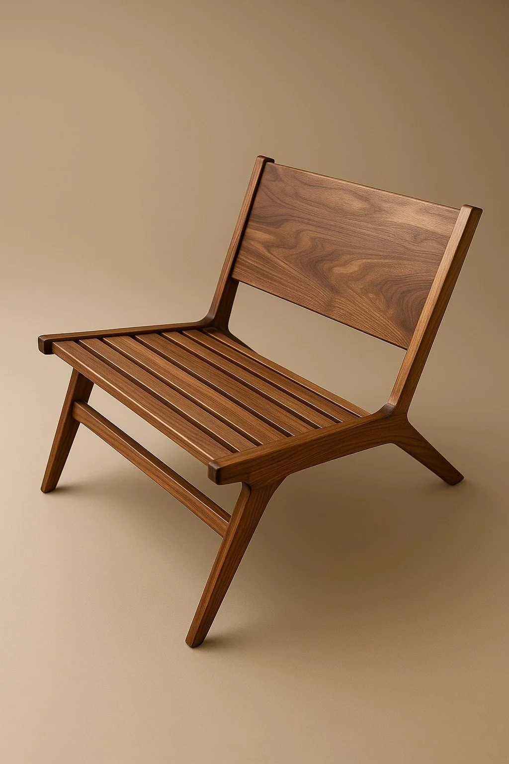 Handmade wooden lounge chair with a slatted seat and back