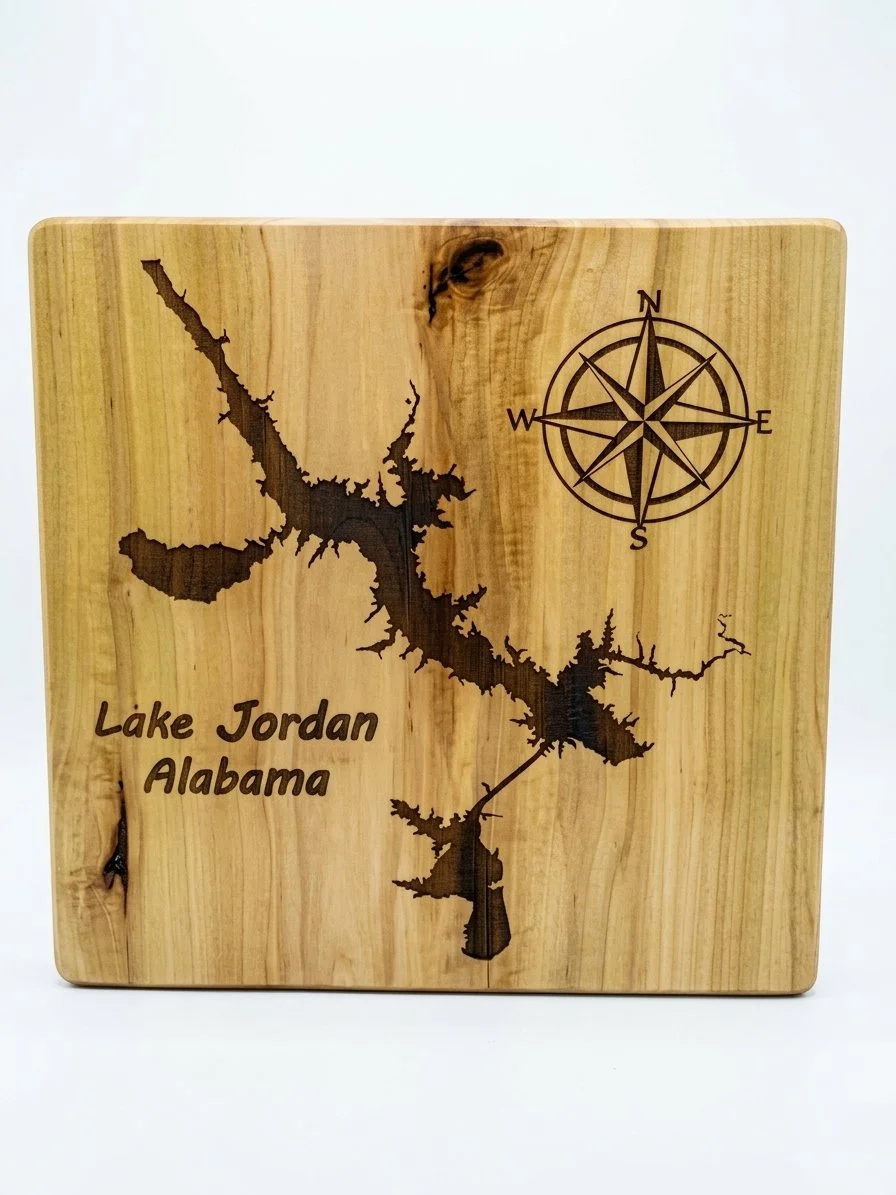 Wood and epoxy map of Lake Jordan, Alabama, with a compass rose, by Saluda Dog Woodworks