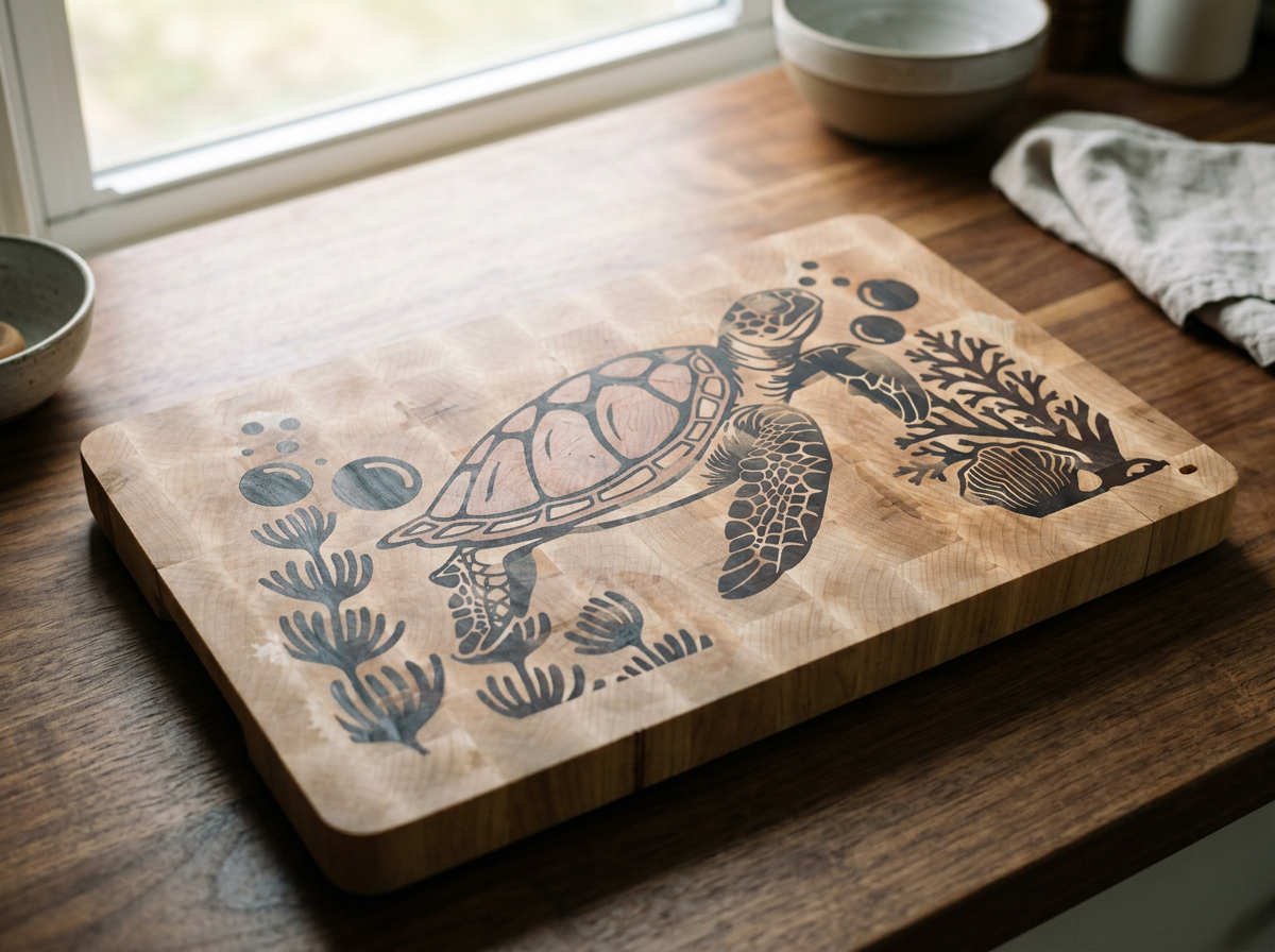 End-grain cutting board engraved with a sea turtle, coral, and seaweed design by Saluda Dog Woodworks