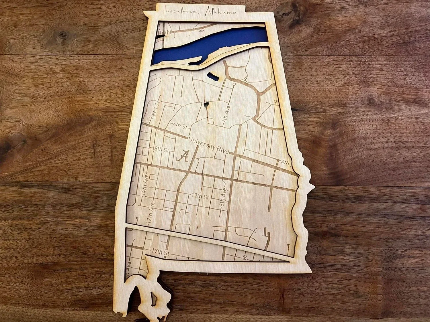 Layered wood road map of the University of Alabama area