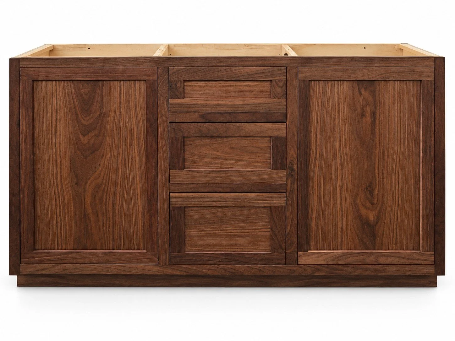 Handcrafted walnut Shaker-style bathroom vanity with drawers and cabinet doors