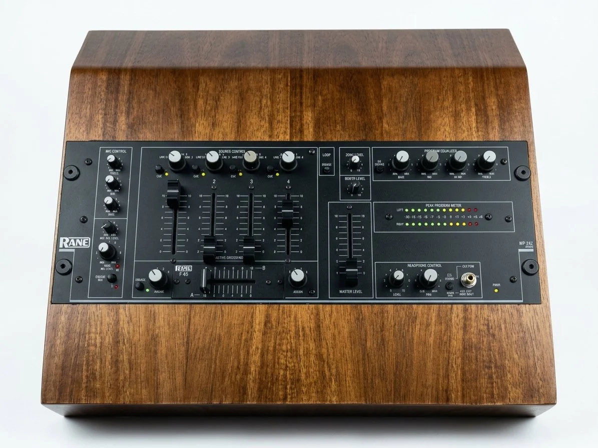 Custom wood DJ cabinet with a built-in mixing console