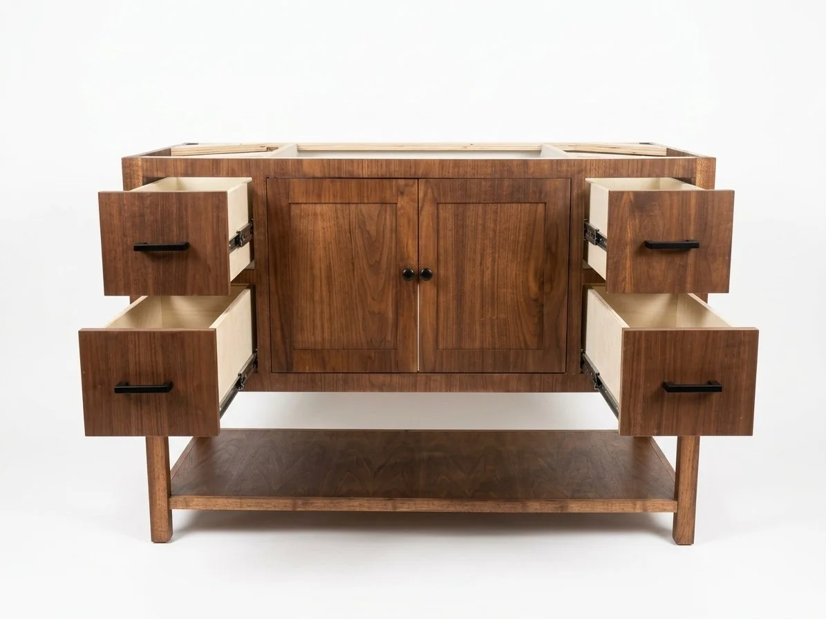 Custom walnut bathroom vanity with drawers pulled open to show storage