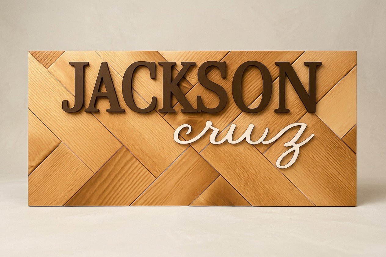 Personalized wooden name sign with dimensional lettering on a herringbone wood background by Saluda Dog Woodworks