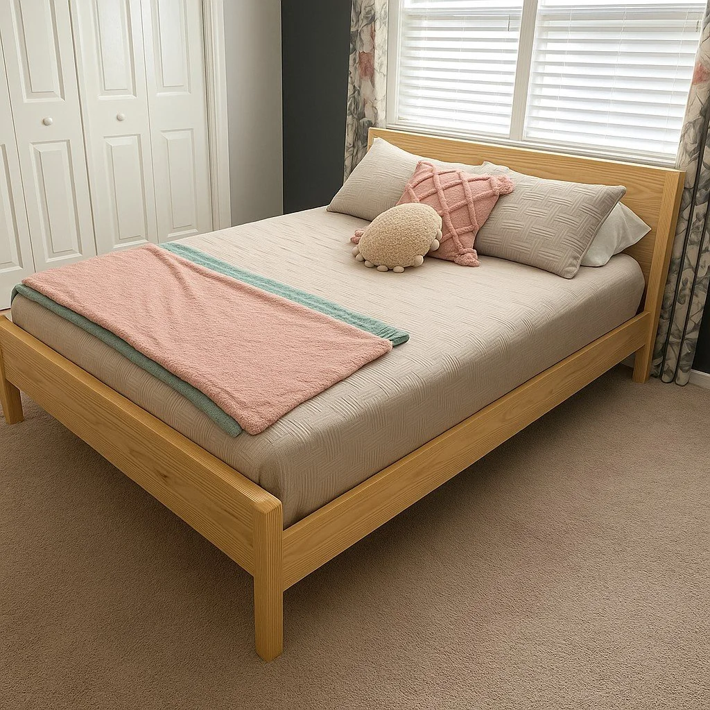 Handcrafted solid wood bed frame by Saluda Dog Woodworks in a bedroom