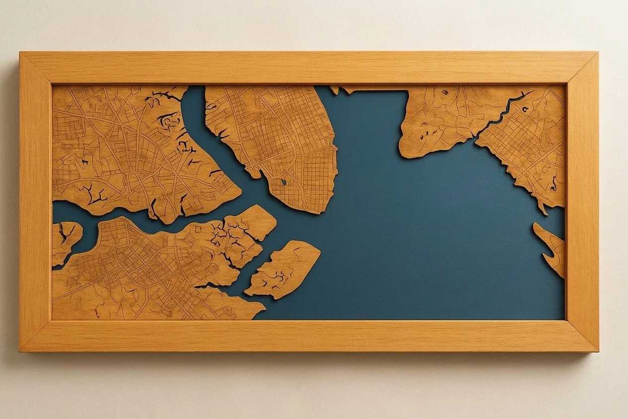 Charleston Harbor wood and epoxy map by Saluda Dog Woodworks