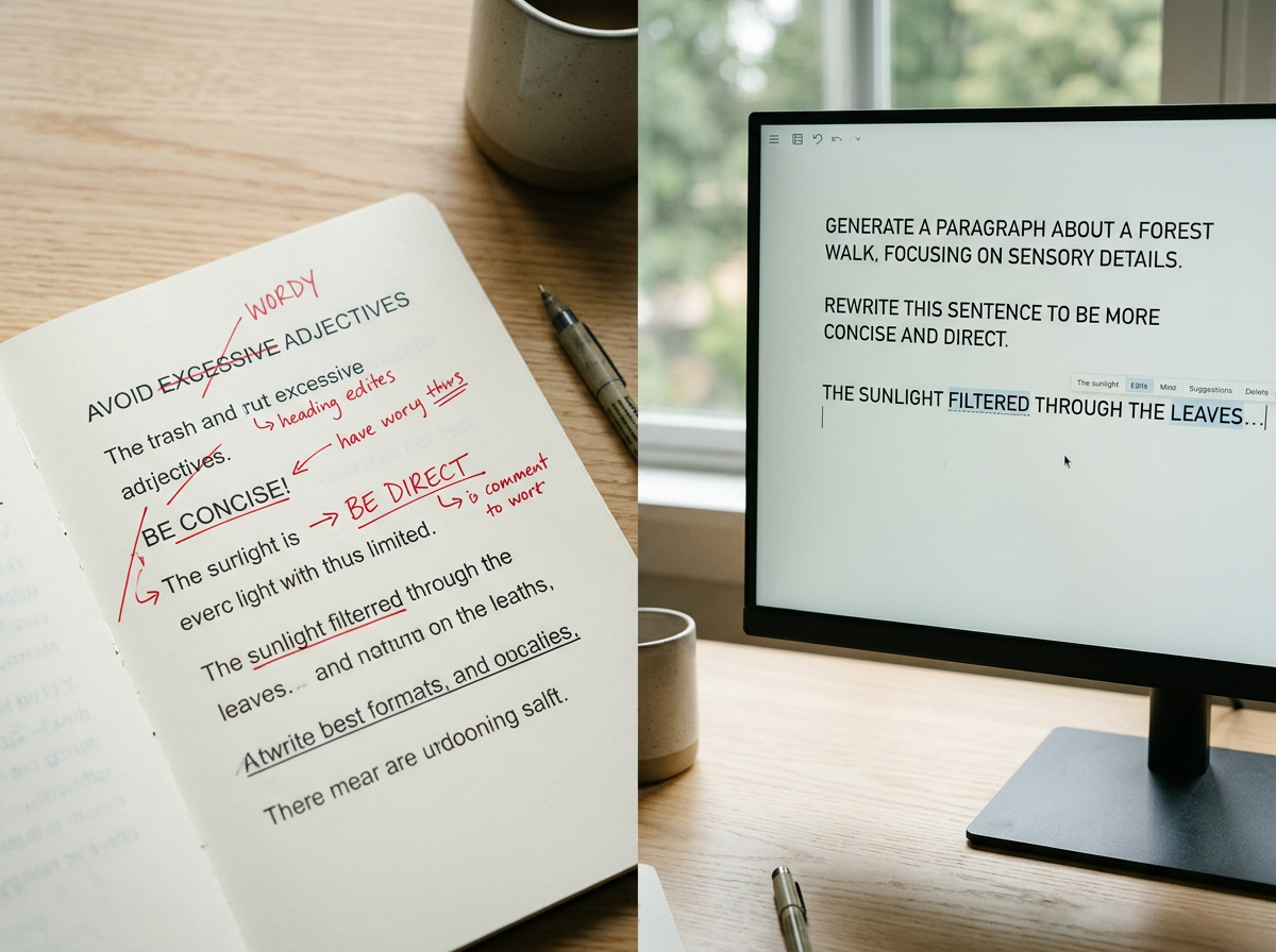 Open notebook with handwritten red edits on a printed text about avoiding excessive adjectives and being concise, next to a pen and mug. A computer monitor displays instructions to generate a paragraph and rewrite a sentence about filtered sunlight through leaves.