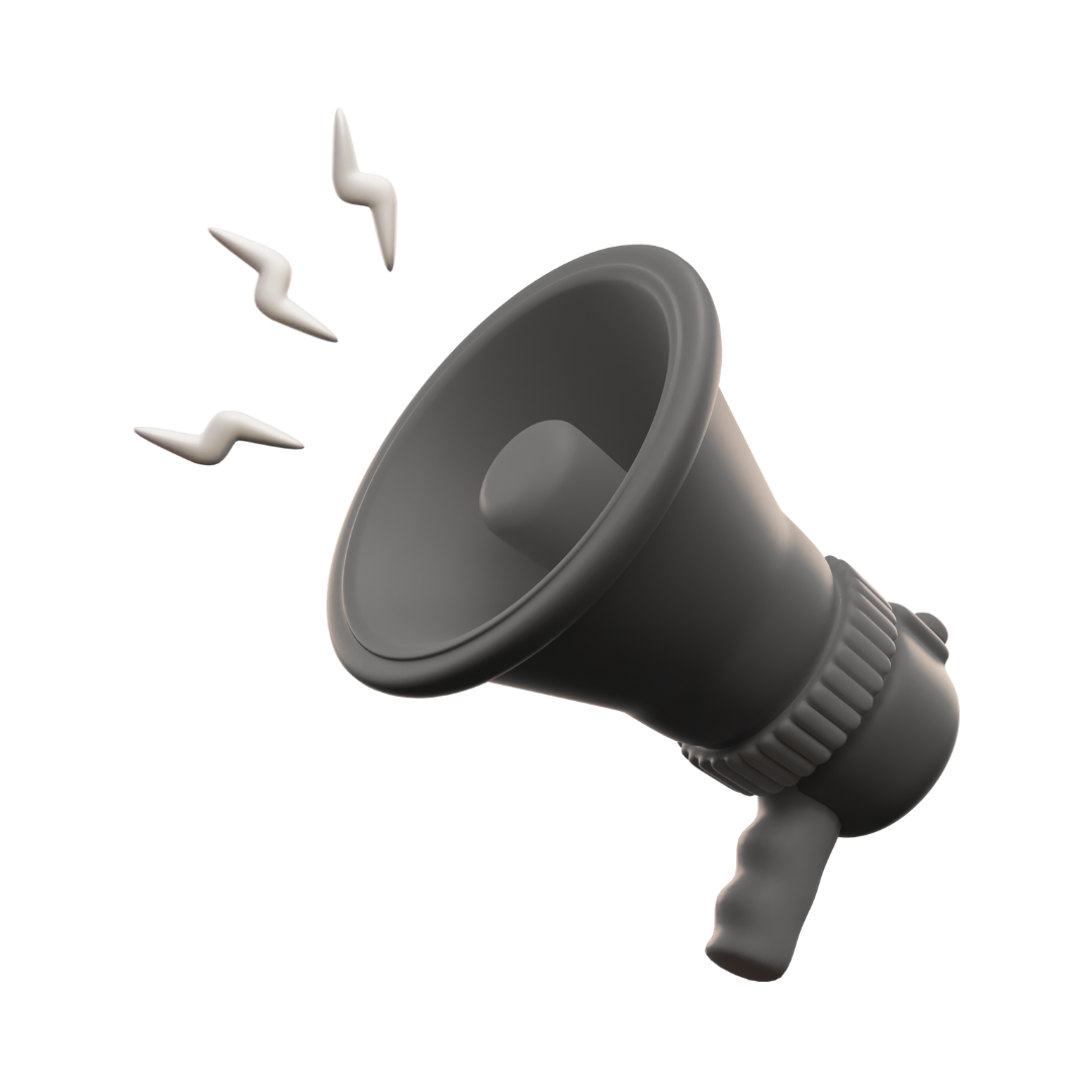 A 3D model of a black megaphone with white sound waves coming out of it against a white background.