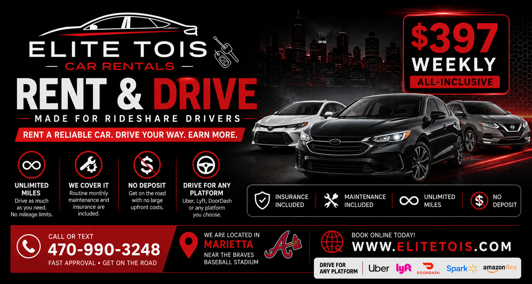 Advertisement for Elite Tois Car Rentals showing three cars in front of a city skyline with an all-inclusive $397 weekly rental rate. Includes icons and text about unlimited miles, maintenance coverage, insurance, and platform options. Contact info and website URL at the bottom.
