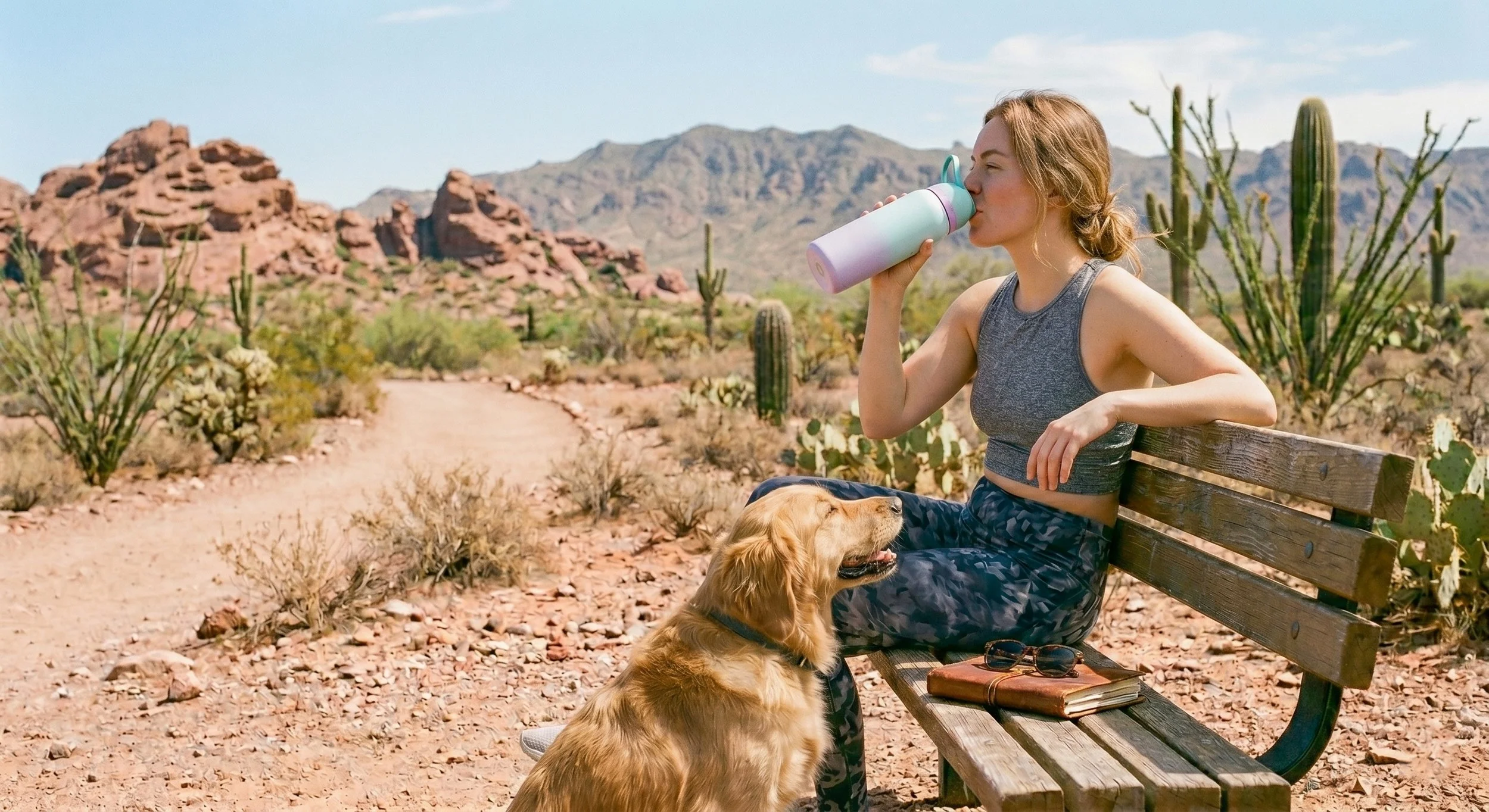 woman wearing fitness gear drinking out of an owala water bottle sitting in the desert, lifestyle photos