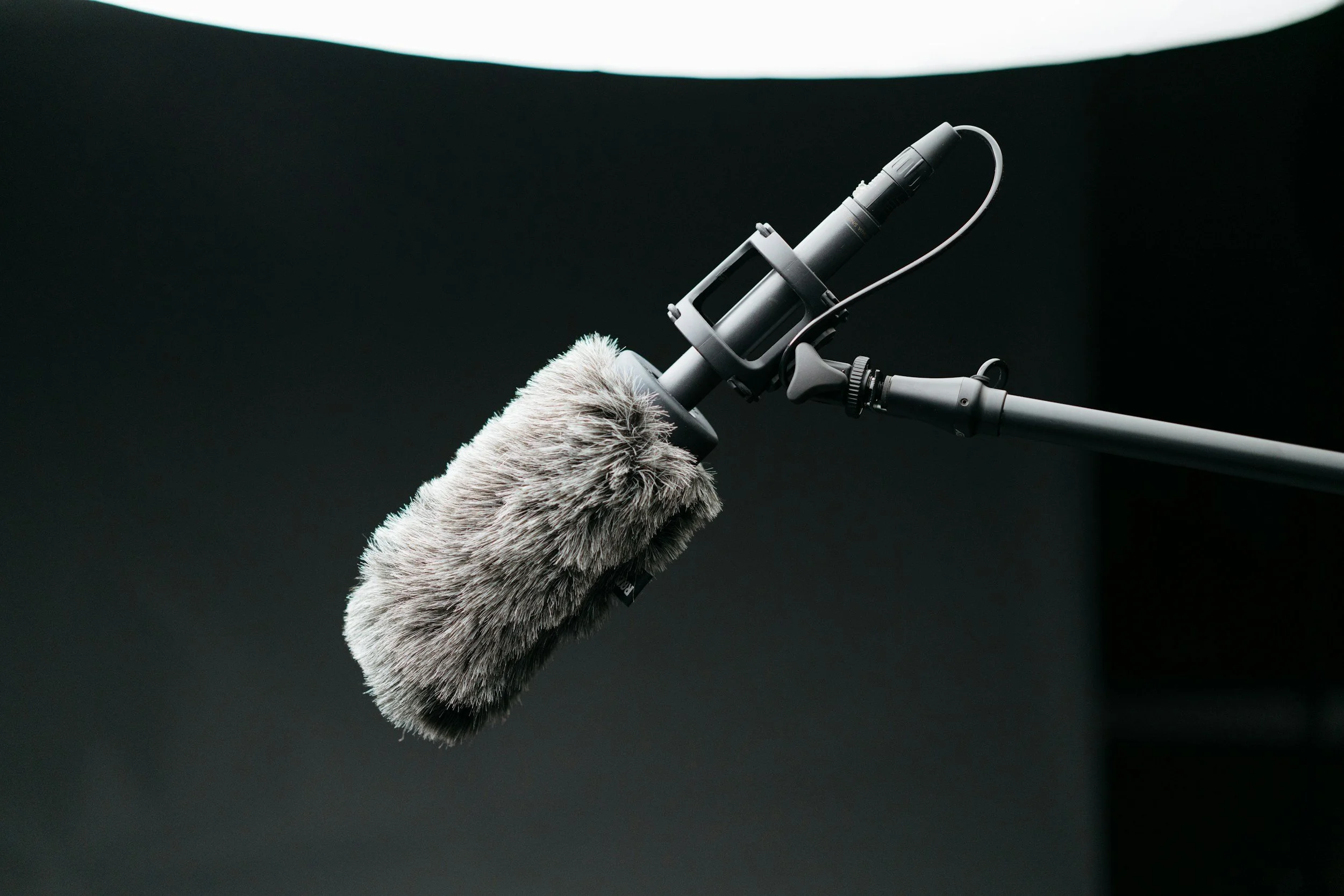 A professional microphone with a furry windscreen attached, hanging from an adjustable arm against a dark background.