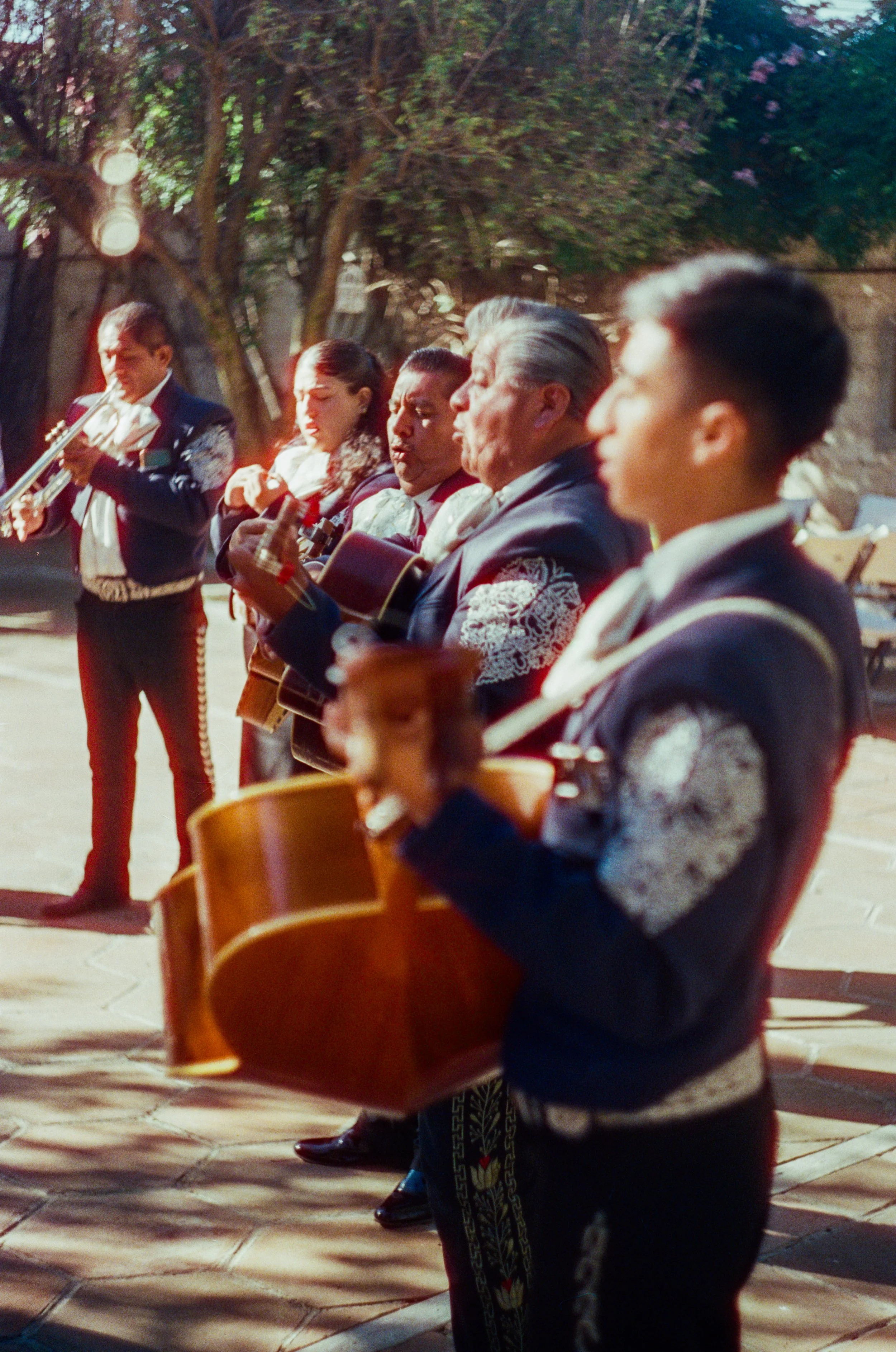 Group of musicians playing guitars and a trumpet outdoors in a sunny setting - Shot on 35mm film