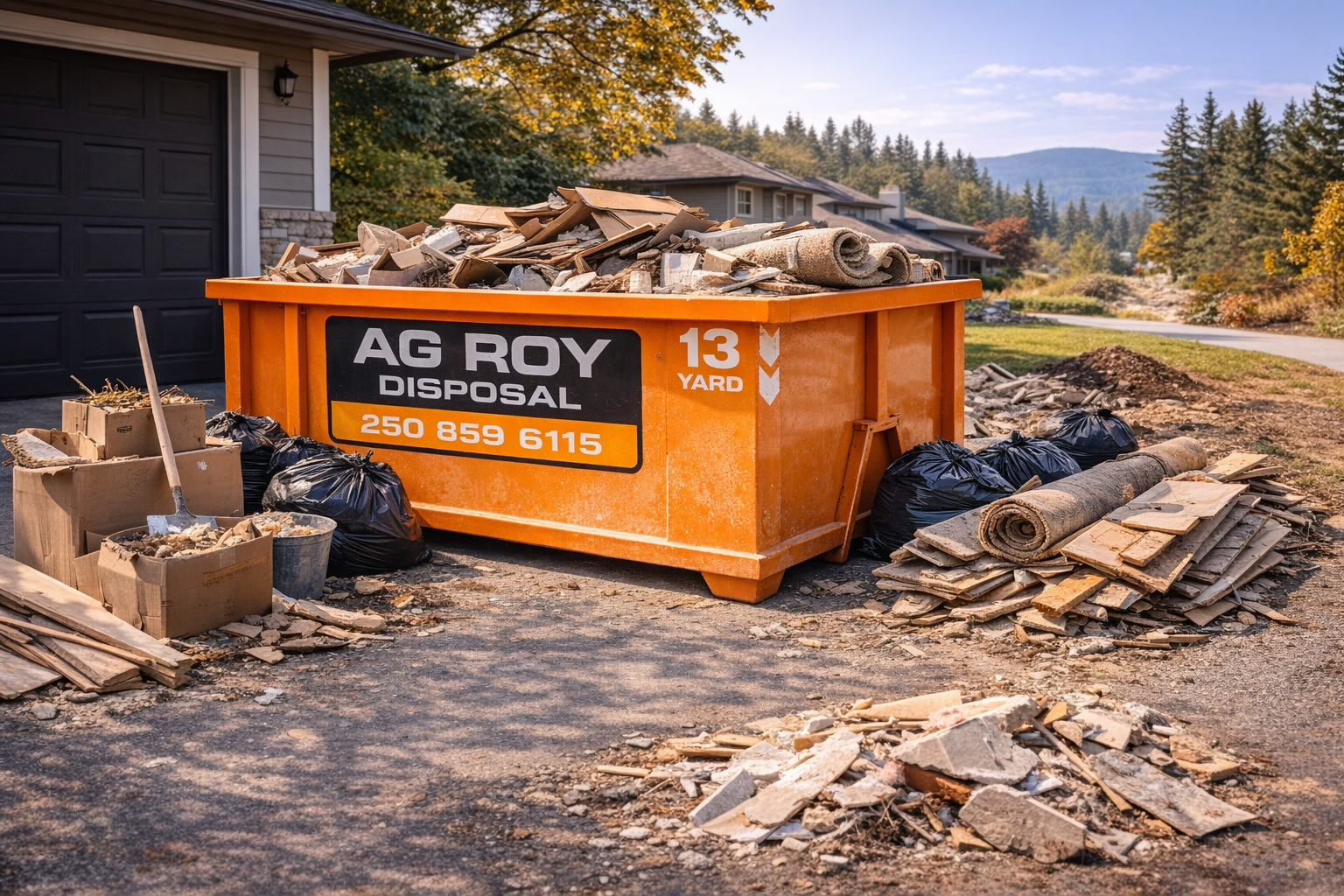 Residential driveway with an orange dumpster filled with debris like tiles, shingles, and construction materials. Surrounding the dumpster are black trash bags, cardboard boxes, and scattered debris. Houses and trees are visible in the background under a clear sky.