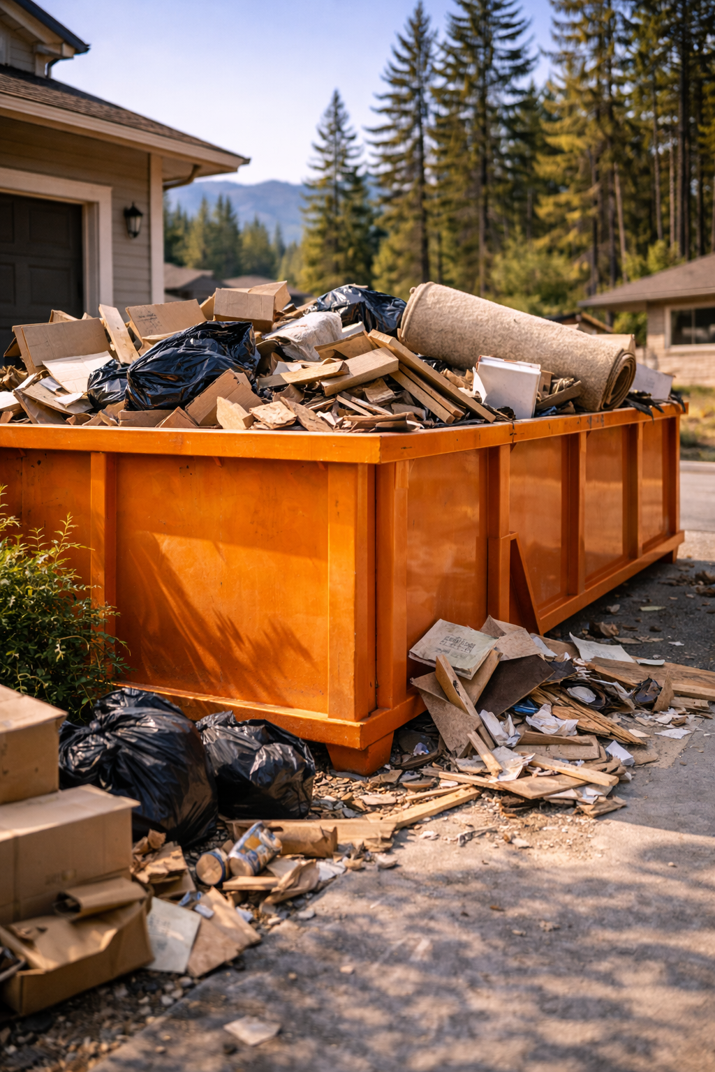 Overflowing dumpster filled with cardboard, black garbage bags, and debris outside residential houses with trees and mountains in the background.