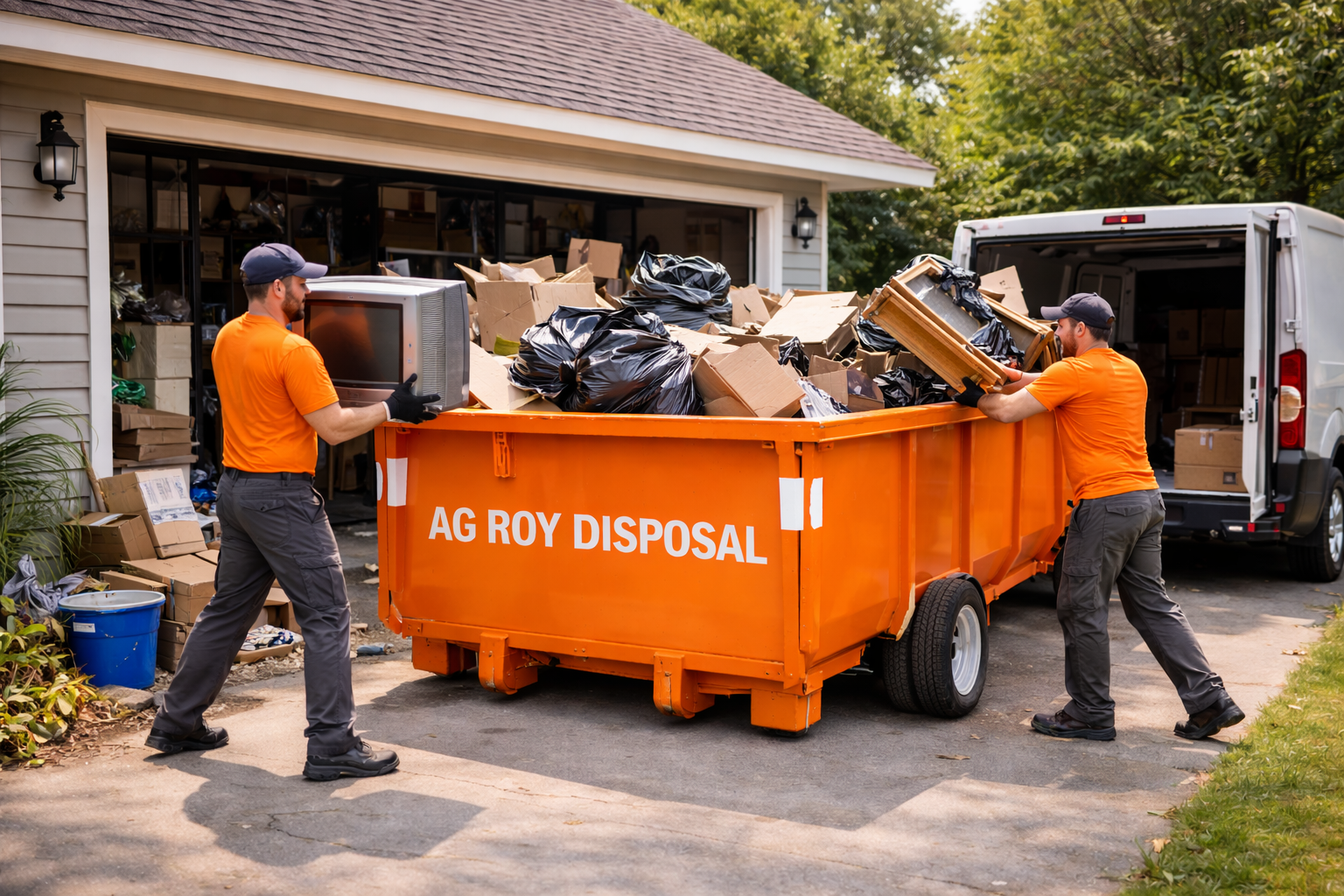 Two workers loading trash into an orange dumpster labeled 'AG ROY DISPOSAL' in a residential driveway.