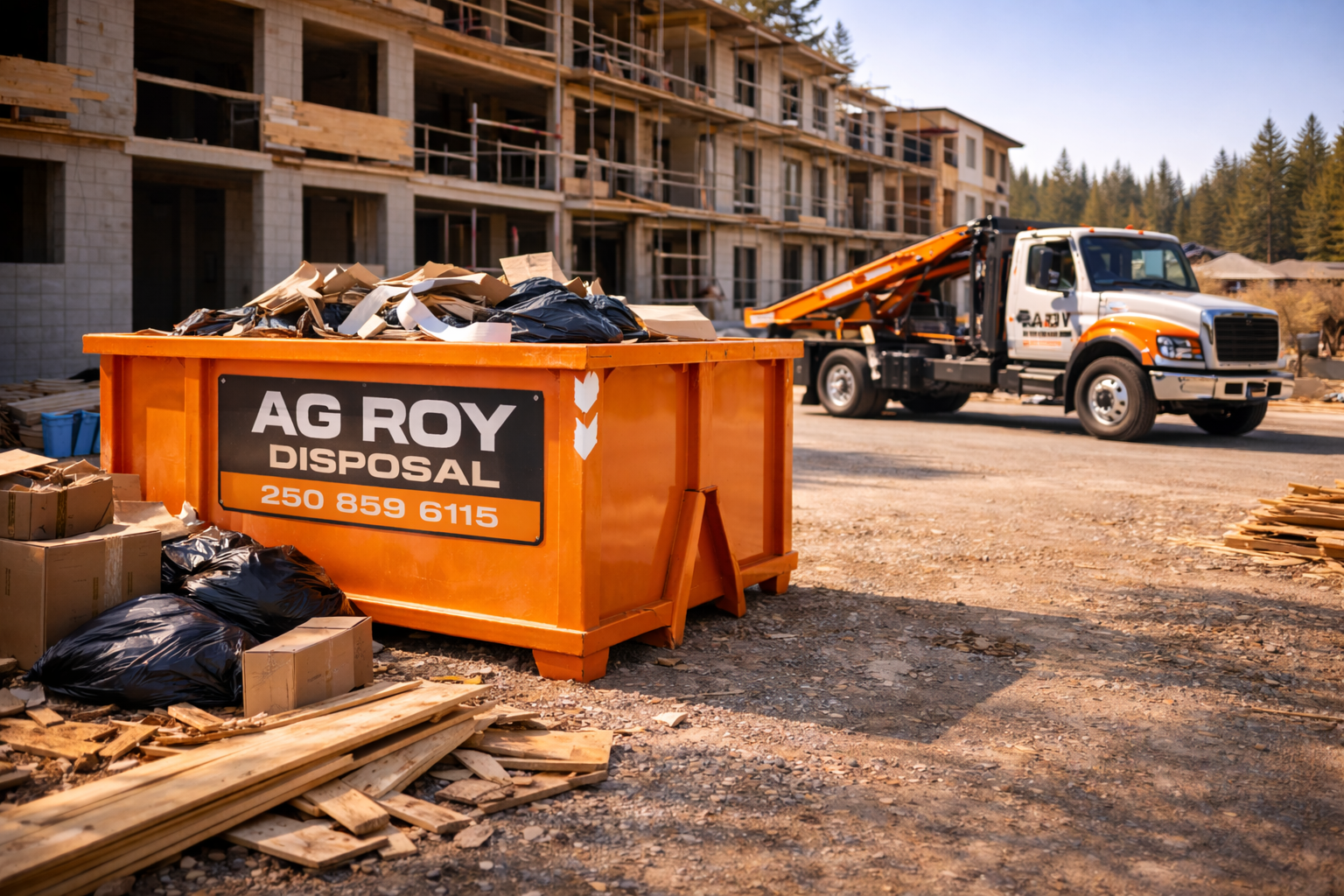 Construction site with an orange disposal bin labeled 'AG ROY DISPOSAL' filled with trash, and a tow truck parked in front of buildings under construction surrounded by building materials and wood debris.