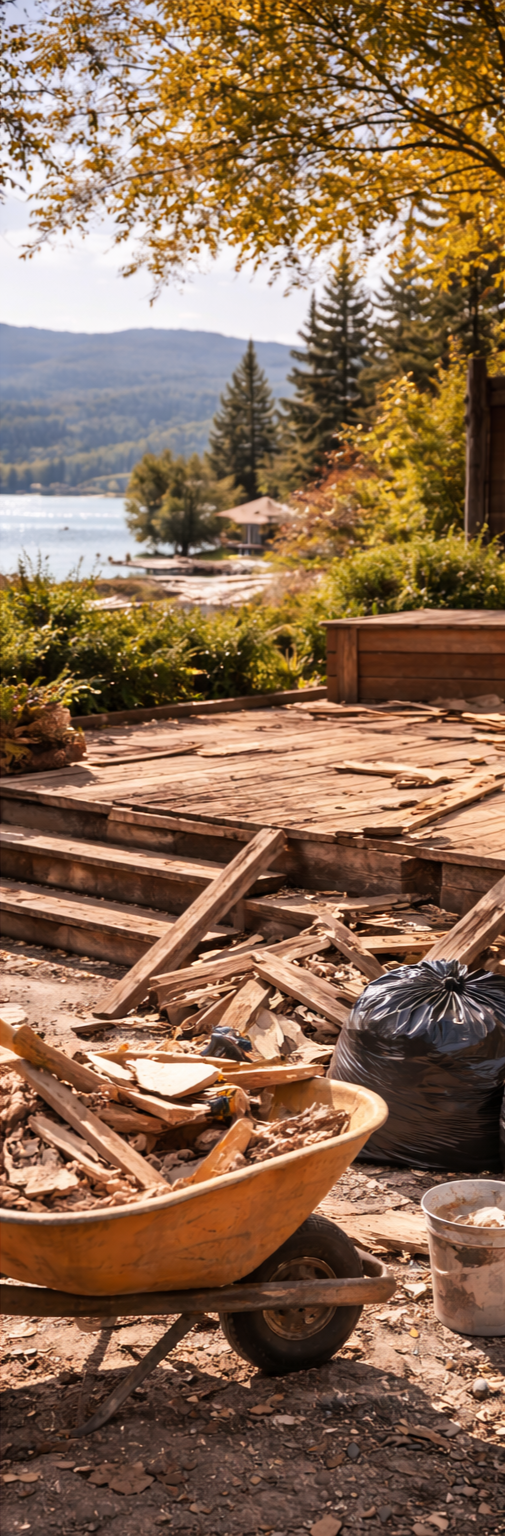 A backyard under renovation with a wheelbarrow filled with wood debris, a black trash bag, and miscellaneous construction materials in the foreground, overlooking a lake with a dock, surrounded by trees and distant mountains.