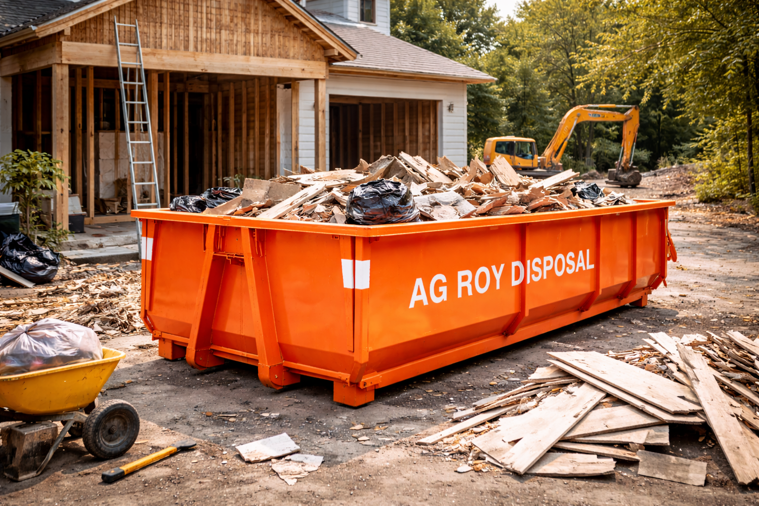 Large orange dumpster labeled 'AG ROY DISPOSAL' filled with construction debris at a house under renovation, with construction tools and materials scattered around, and a small excavator in the background amid trees.