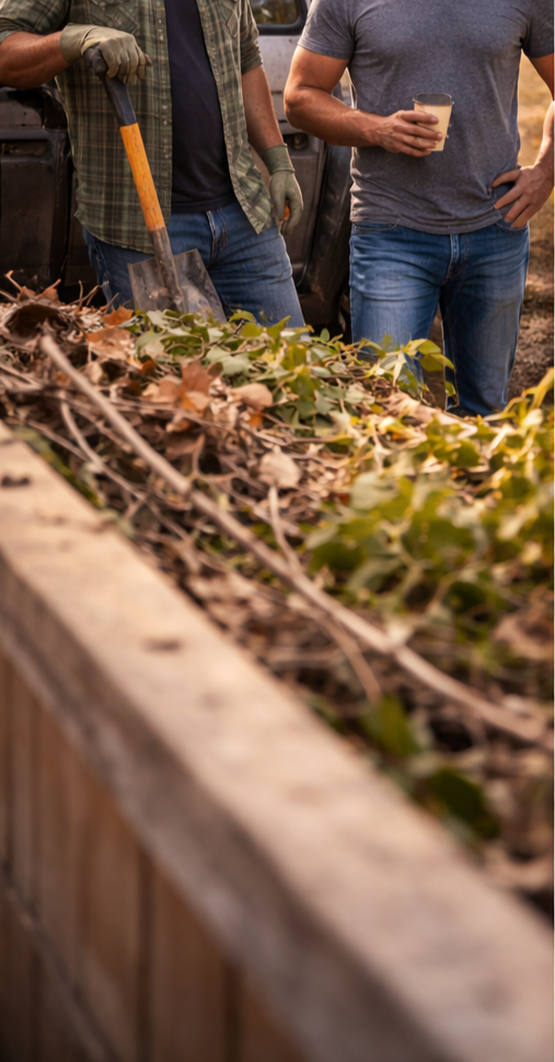 Two men standing by a compost bin filled with leaves and plant matter, one holding a shovel and the other holding a drink.