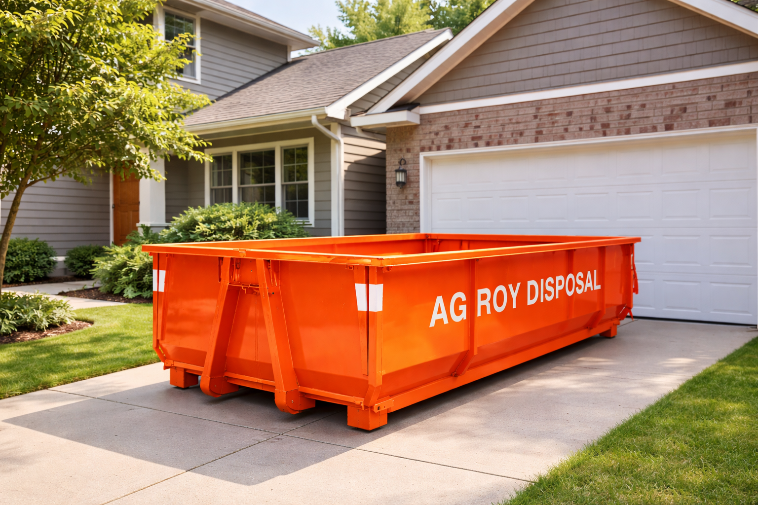 Orange disposal bin labeled 'AG ROY DISPOSAL' placed in driveway in front of a house with brick and siding exterior.