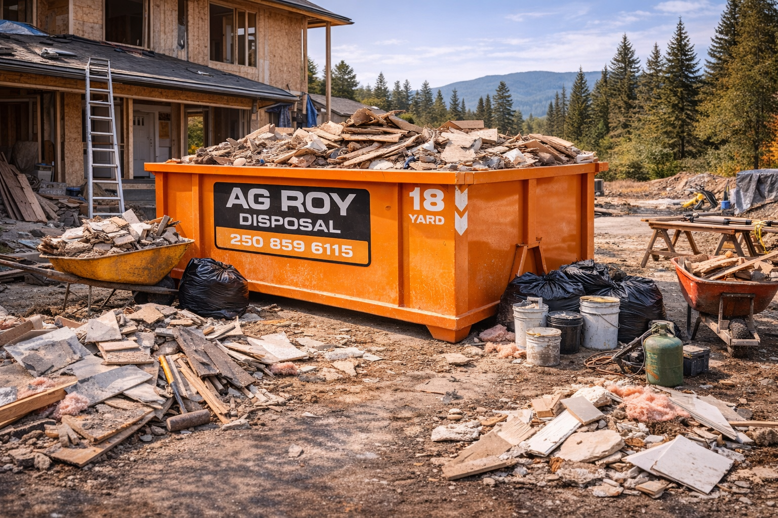 Construction site with debris, an orange dumpster filled with rubble, and building materials around it, with a house under construction in the background and forested mountains nearby.