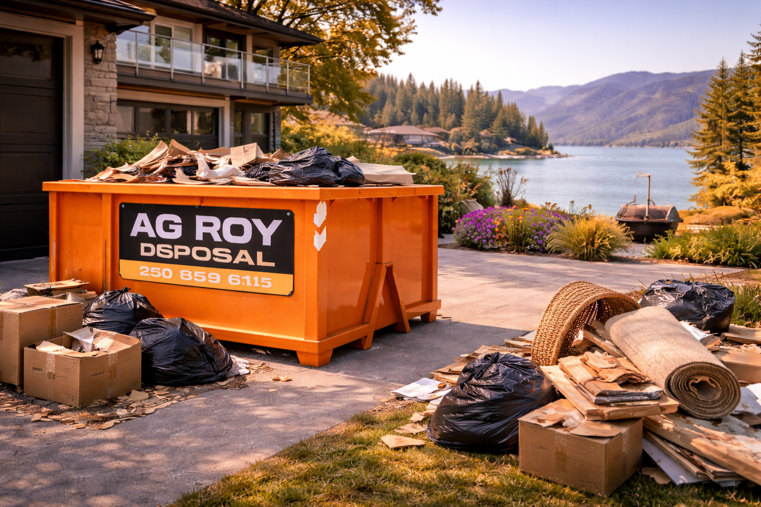 An outdoor scene with a large orange dumpster filled with trash and debris, some spilled onto the ground, next to a house with a balcony. There are cardboard boxes, garbage bags, and rolled-up carpeting nearby, with a scenic lake and mountains in the background.