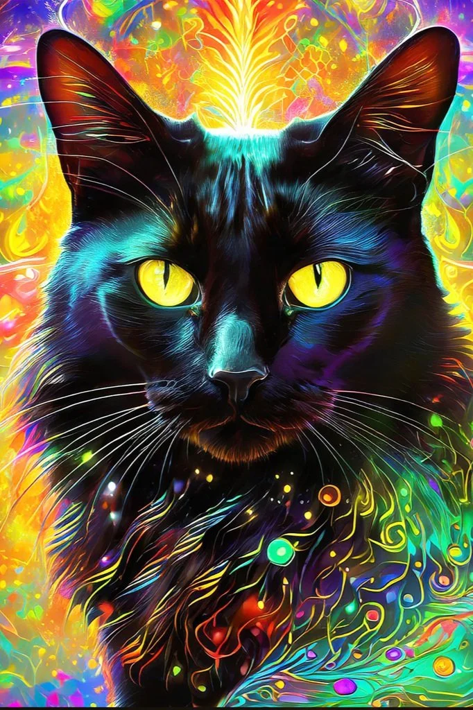 A digital art digital painting of a black cat with glowing yellow eyes, set against a vibrant, swirling, colorful background.