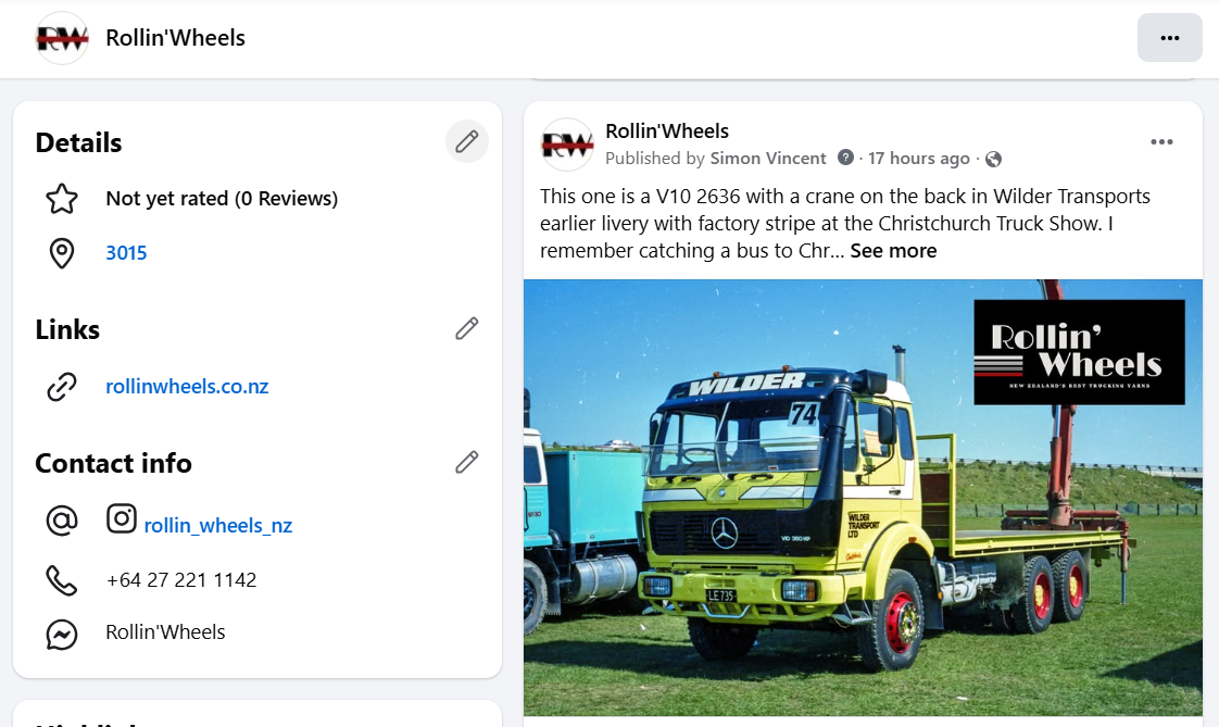 Details from a social media page including a green truck pictured on grass