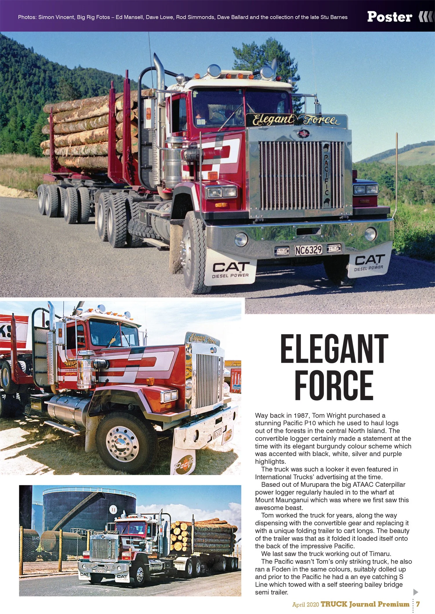 A page from a magazine showing several angles of a burgundy, pink and white truck loaded with logs.