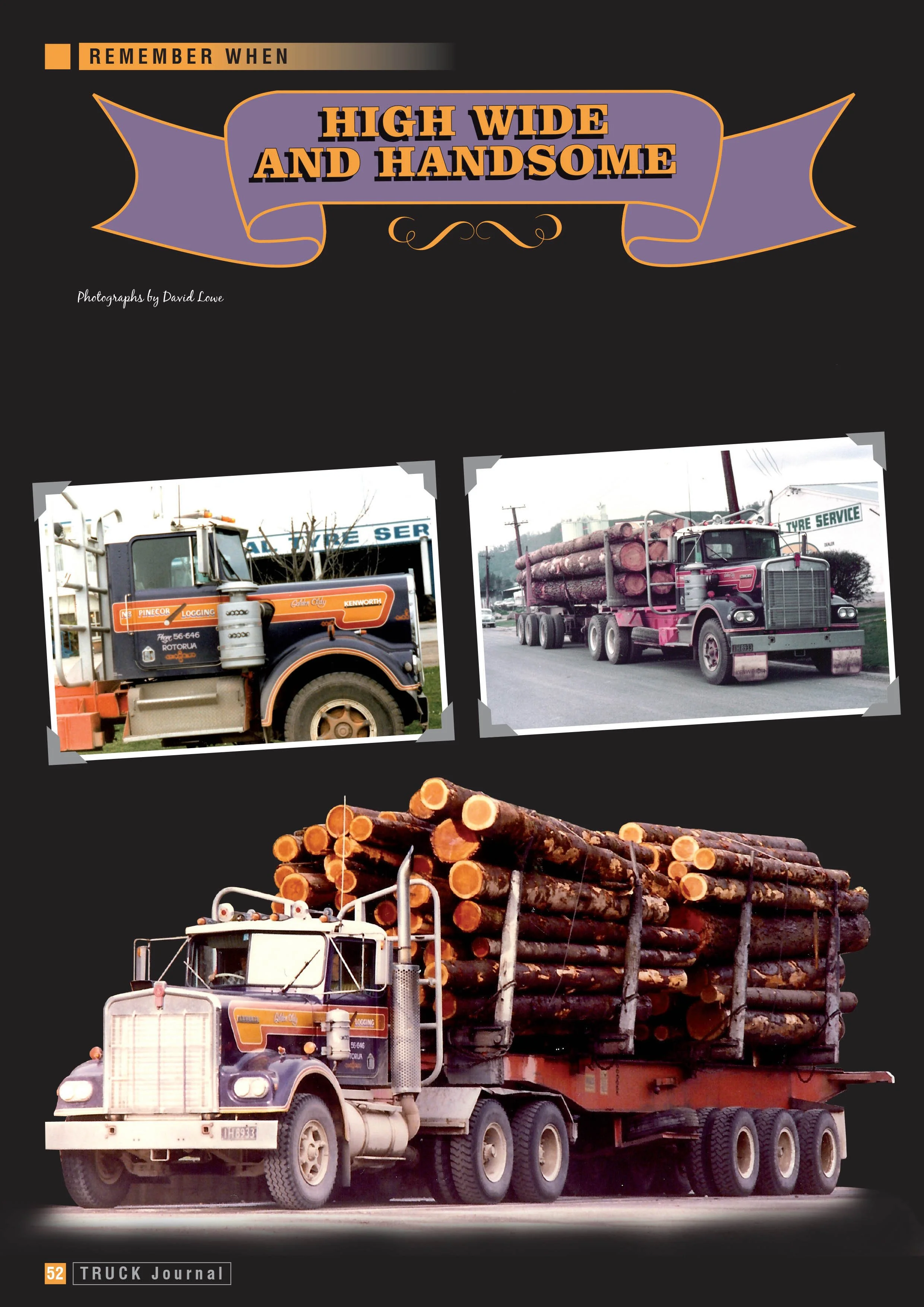 Three pictures of a purple, orange and red logging truck at different locations