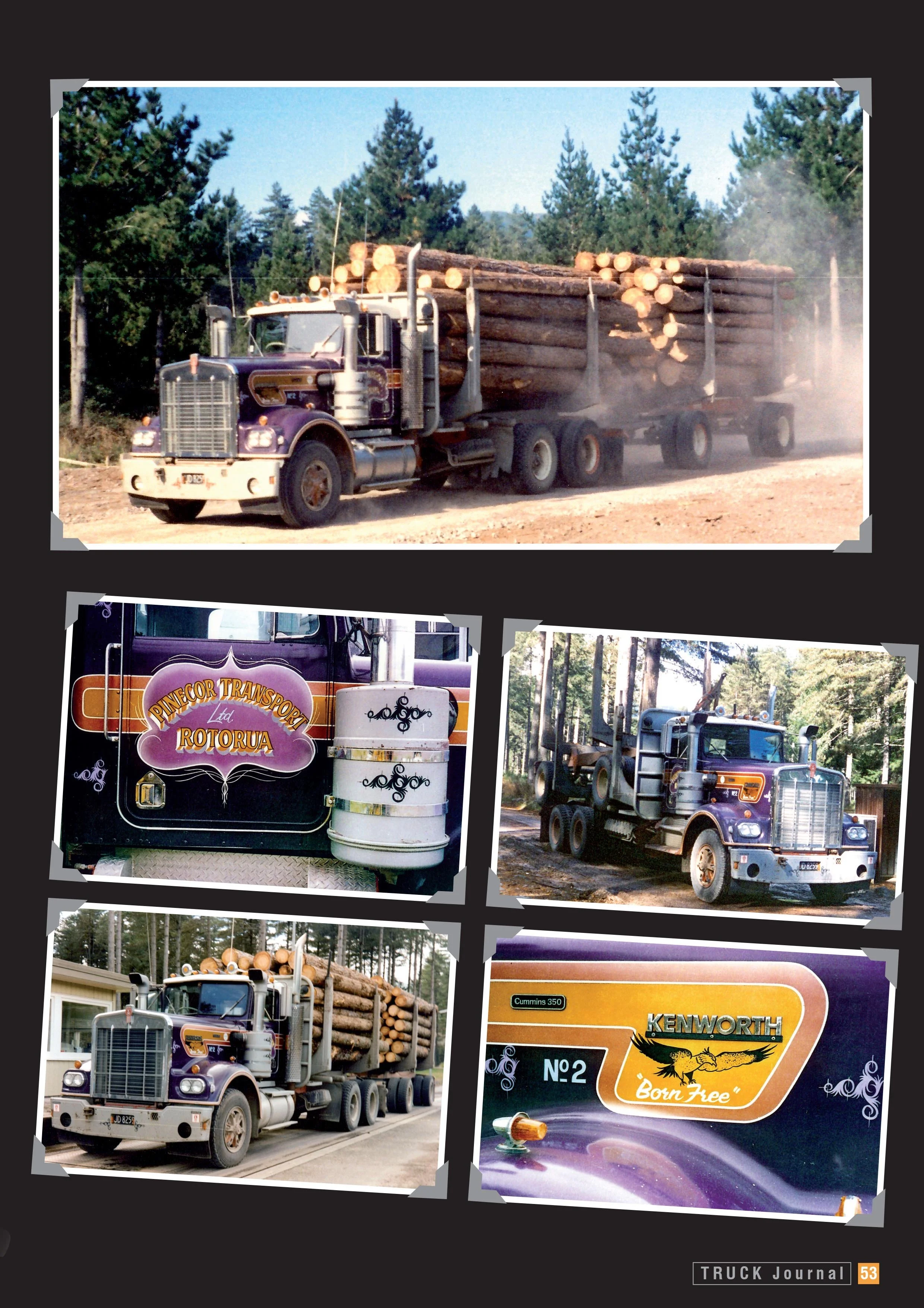 pictures of a purple, orange and red logging truck at various locations around a forest