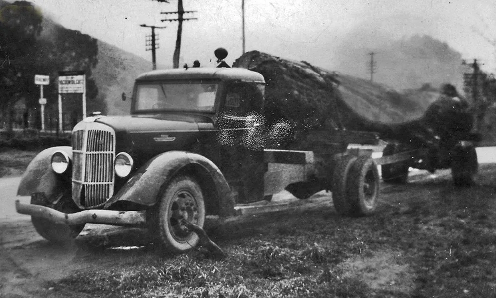 The Reo with a single axle log trailer.