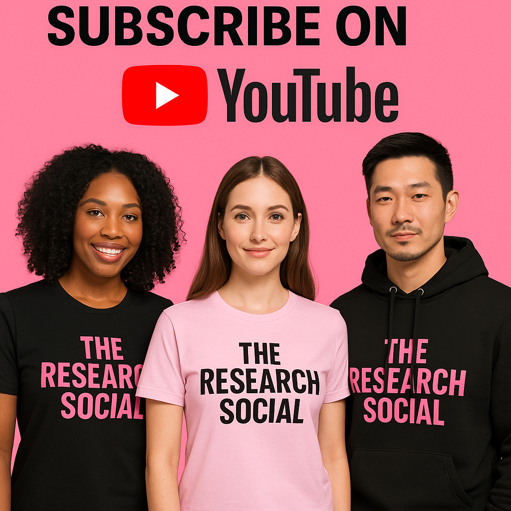 Three people standing in front of a pink background with a sign that reads 'Subscribe on YouTube' and featuring the YouTube logo. The person on the left is a woman with dark curly hair wearing a black T-shirt that says 'The Research Social' in pink. The person in the middle is a woman with long straight brown hair wearing a pink T-shirt with the same text in black. The person on the right is a man with short black hair wearing a black hoodie with the same pink text.
