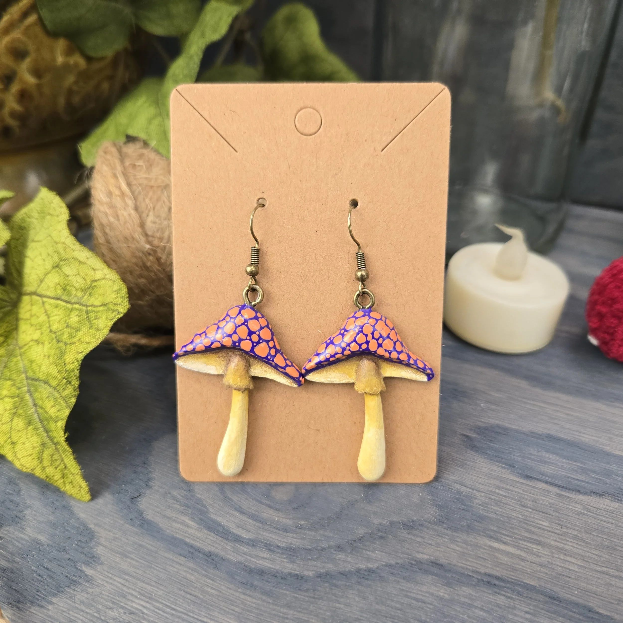 Whimsical Mushroom Earrings ~ Purple with Orange Spots