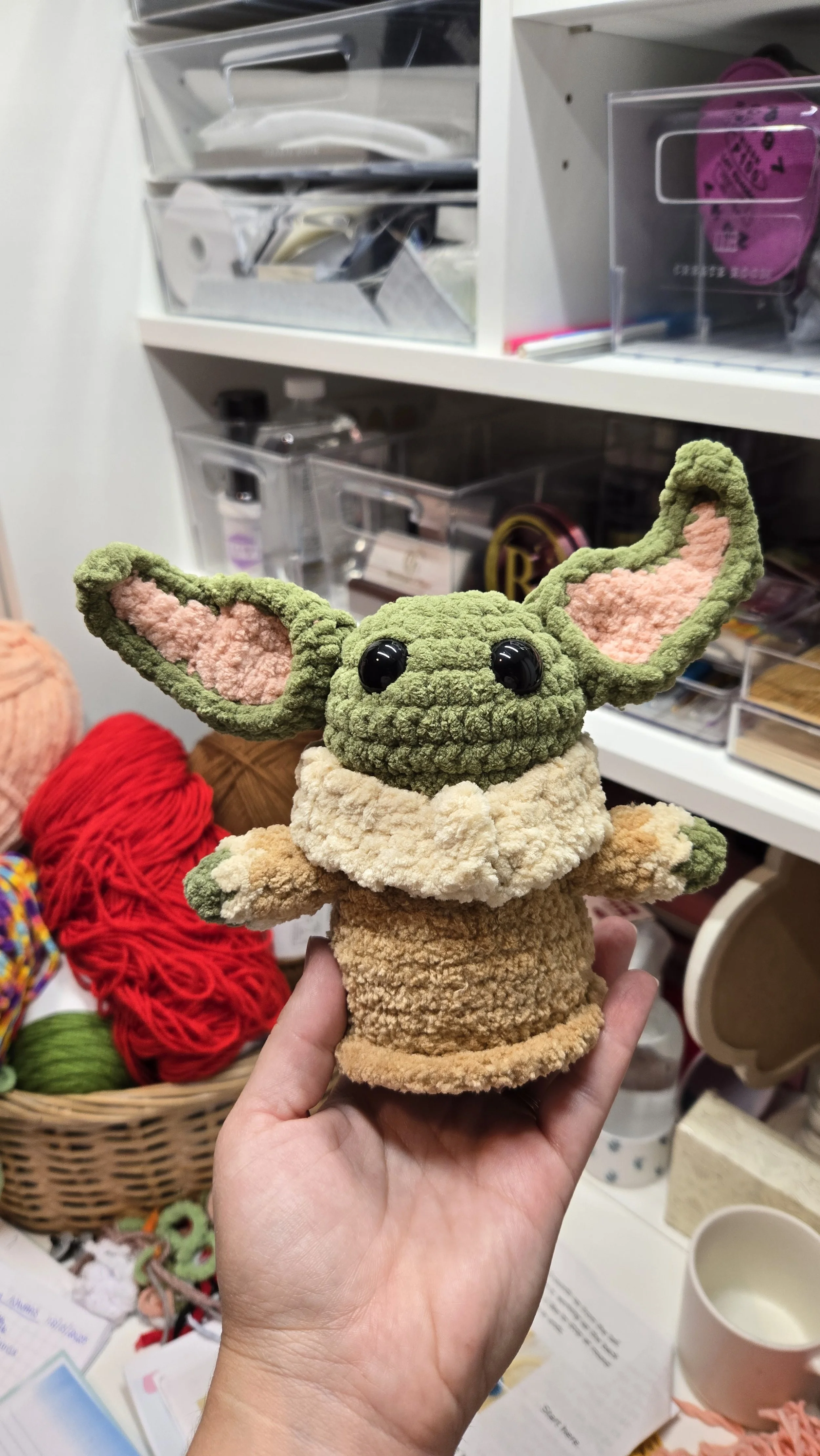 Grogu (aka Baby Yoda) crochet pattern created in the moment by Braxleigh's Place.