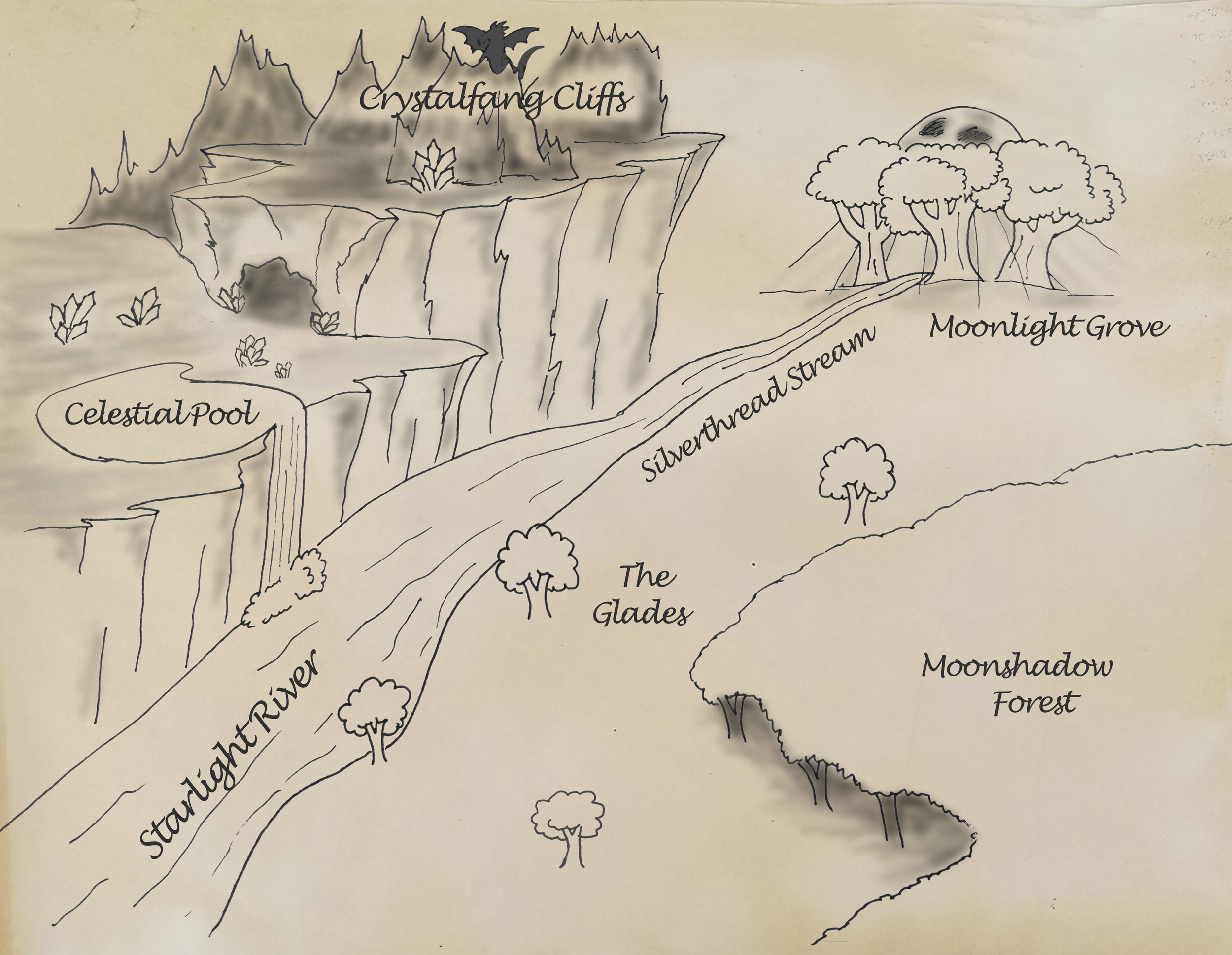 A hand-drawn map showing a fantasy landscape with labeled locations including Crystalfang Cliffs, Moonlight Grove, Celestial Pool, Silverthread Stream, The Glades, and Moonshadow Forest. The map features a river named Starlight River and a stream named Silverthread Stream, with trees and mountain imagery.