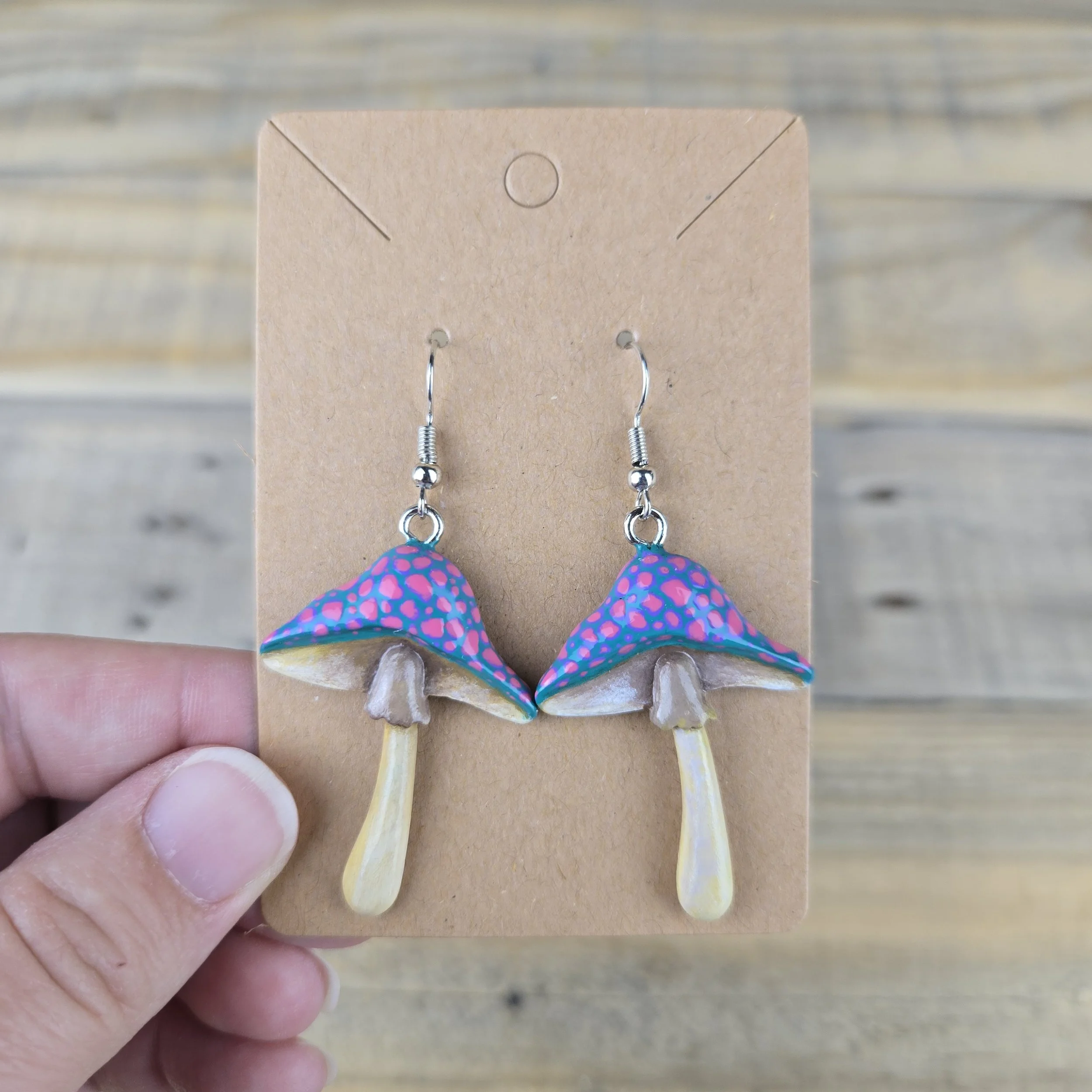 Hand Painted Resin Mushroom Dangle Earrings Blue Cap with Pink Spots