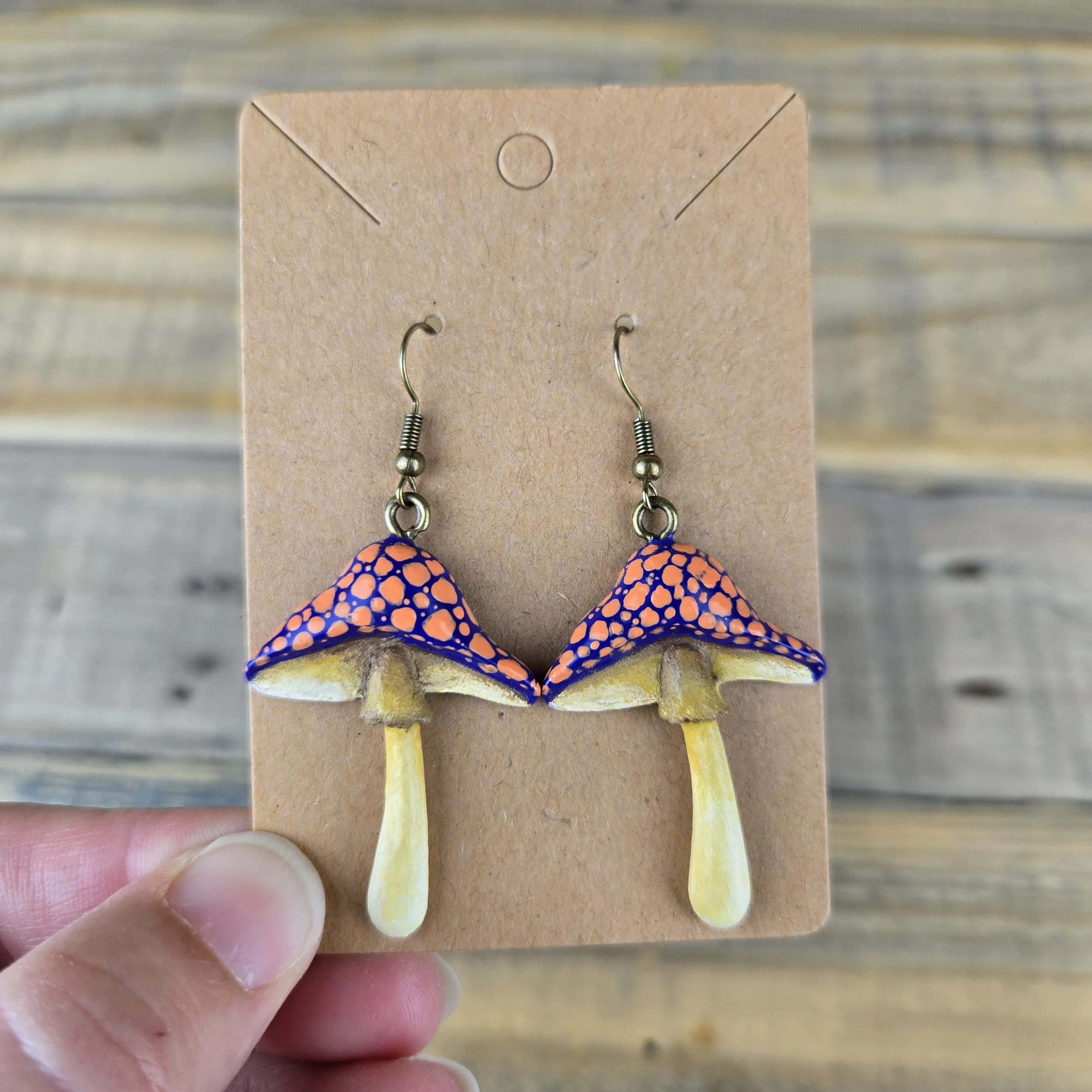 Hand Painted Resin Mushroom Dangle Earrings Purple Cap with Orange Spots
