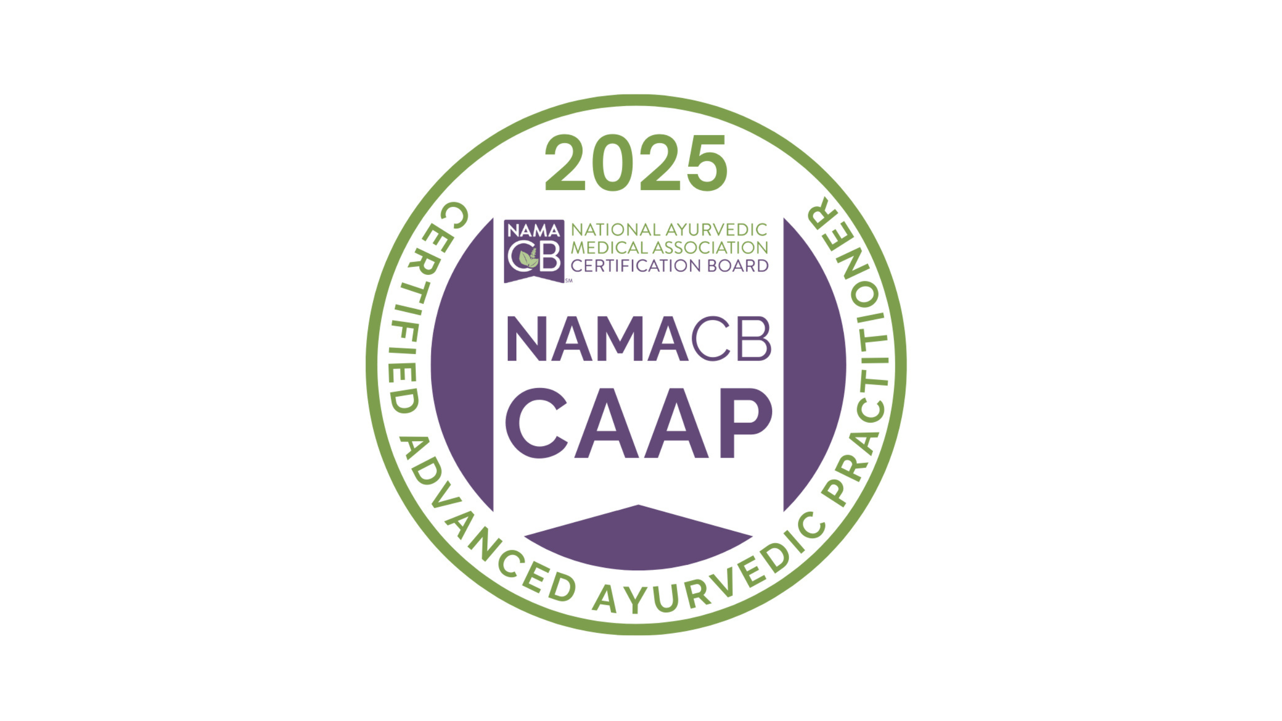 Certification badge for advanced Ayurvedic practitioner, awarded by NAMACB and NAMA in 2023