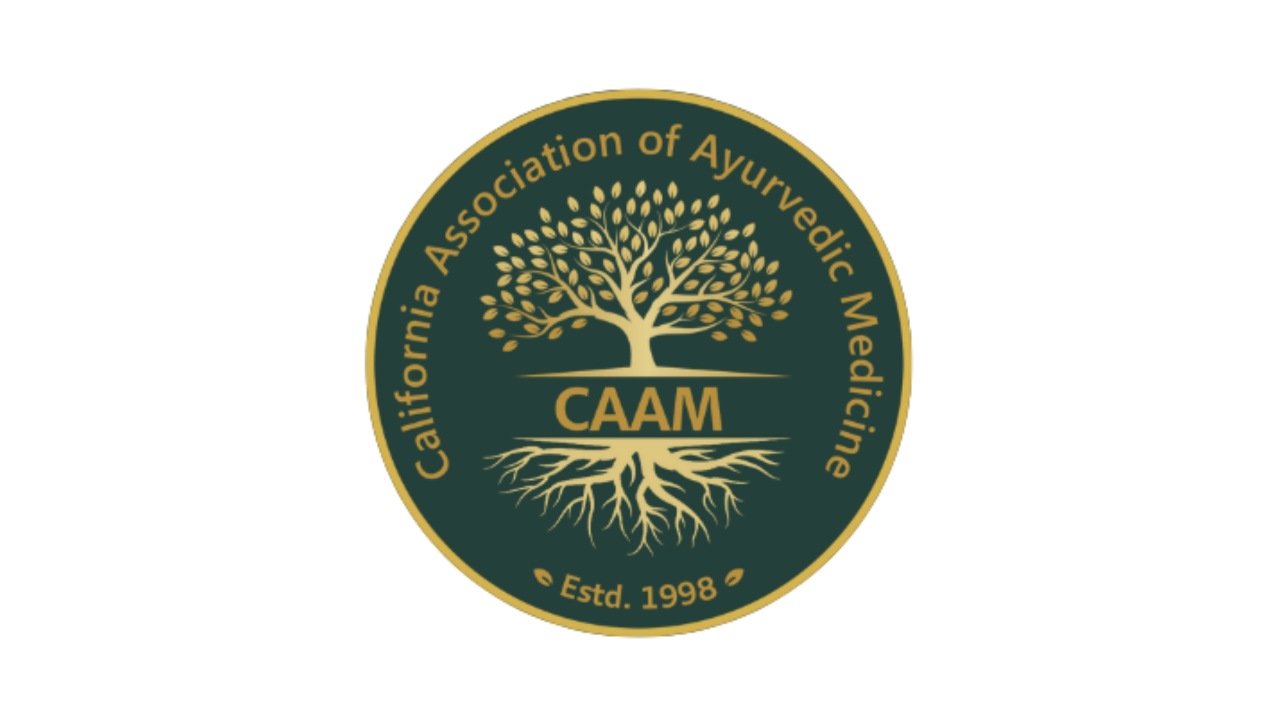 A circular emblem with a gold border and dark green background. It features a gold tree with roots and leaves in the center. The words "California Association of Ayurvedic Medicine" are written along the top edge, and "Est. 1998" is at the bottom. The acronym "CAAM" is in the middle of the tree's roots.