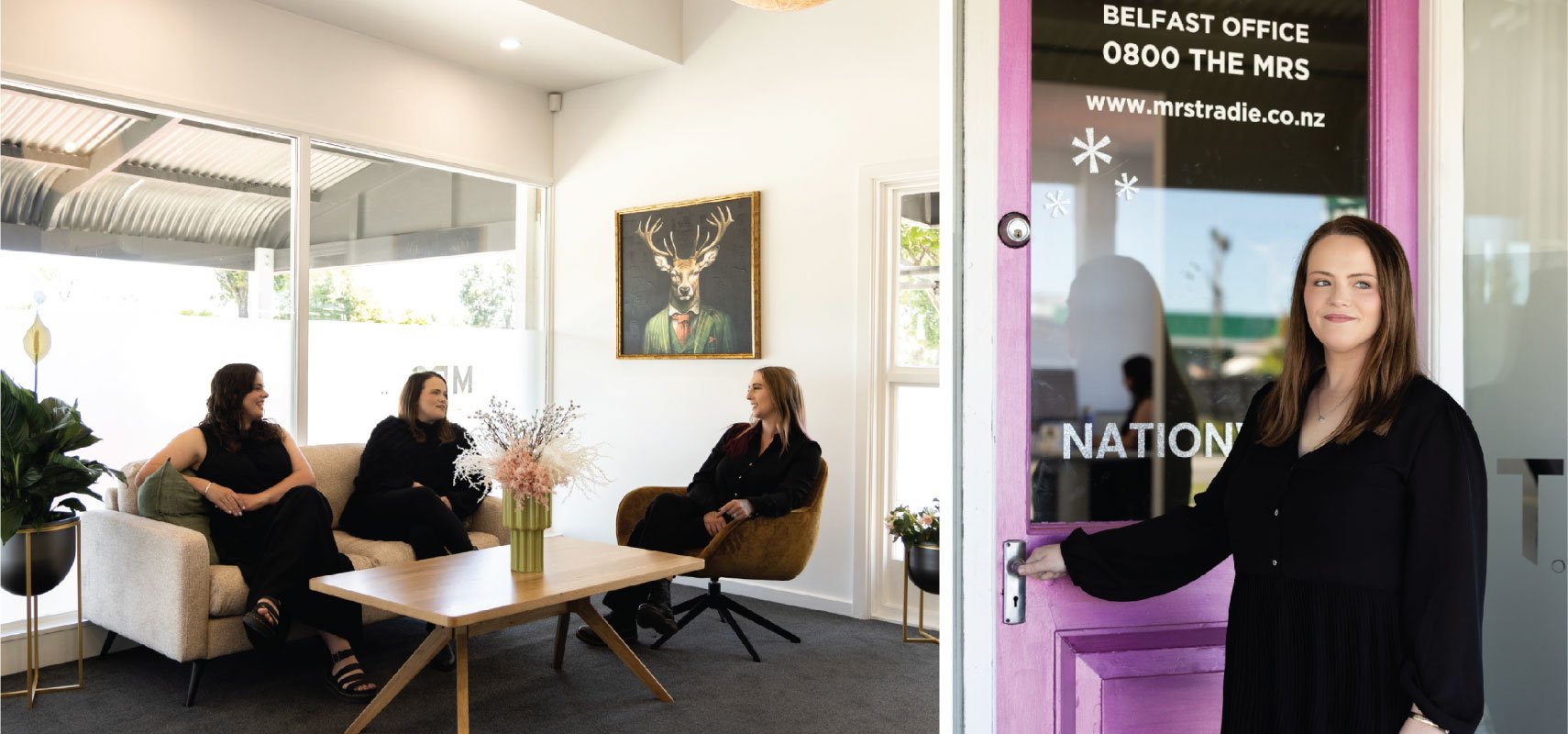 mrs tradie office ladies sitting and taking in new christchurch office